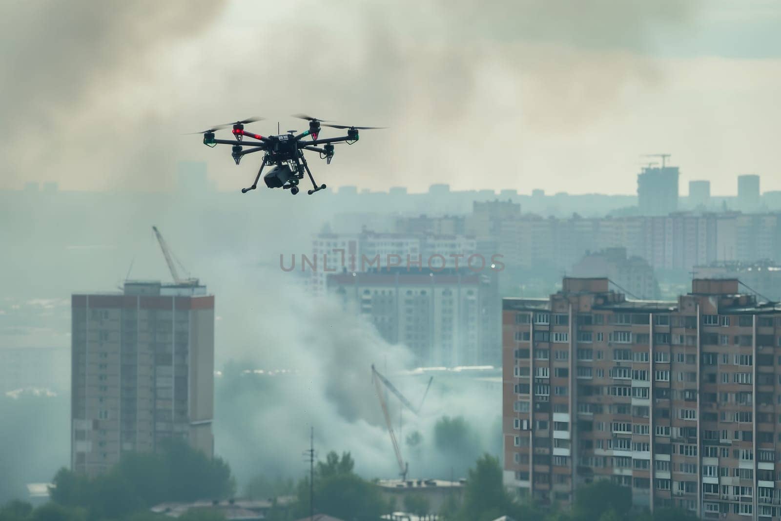 Copter drone over russian city with smoke. Neural network generated image. Not based on any actual scene or pattern.