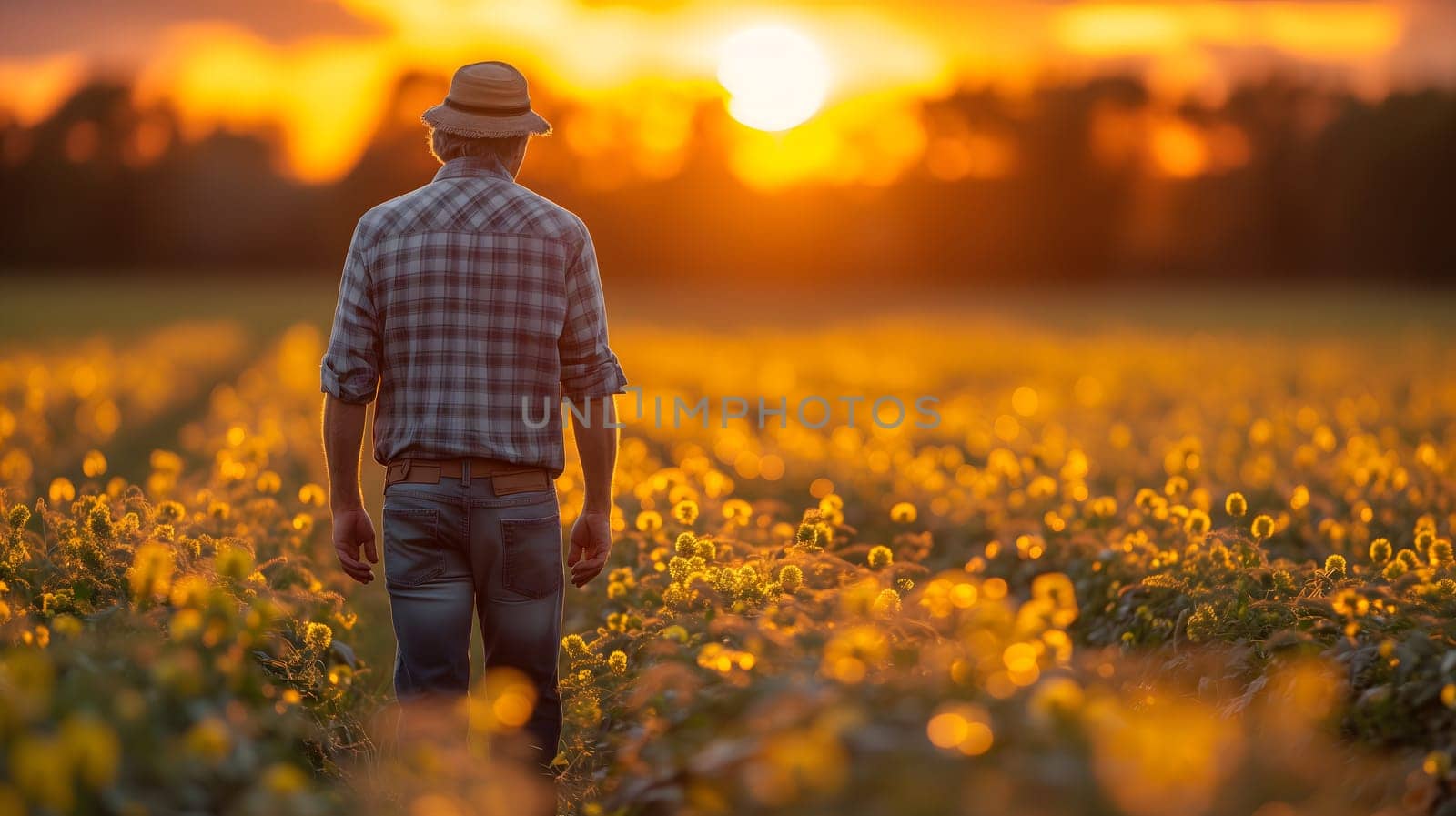 Farmer standing at the field at sunset or sunrise, rear view. Neural network generated in January 2024. Not based on any actual scene or pattern.