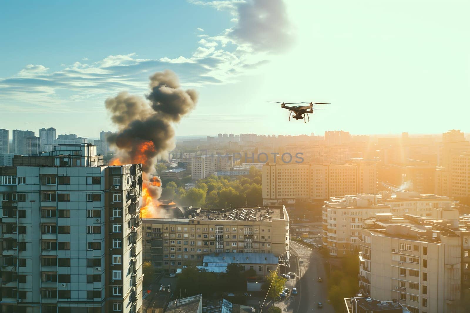 Copter drone above city with fire on building roof at sunny morning. Neural network generated image. Not based on any actual scene or pattern.