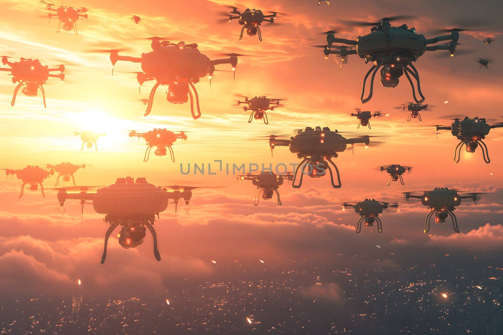 Swarm of drones over city at summer morning. Neural network generated image. Not based on any actual scene or pattern.