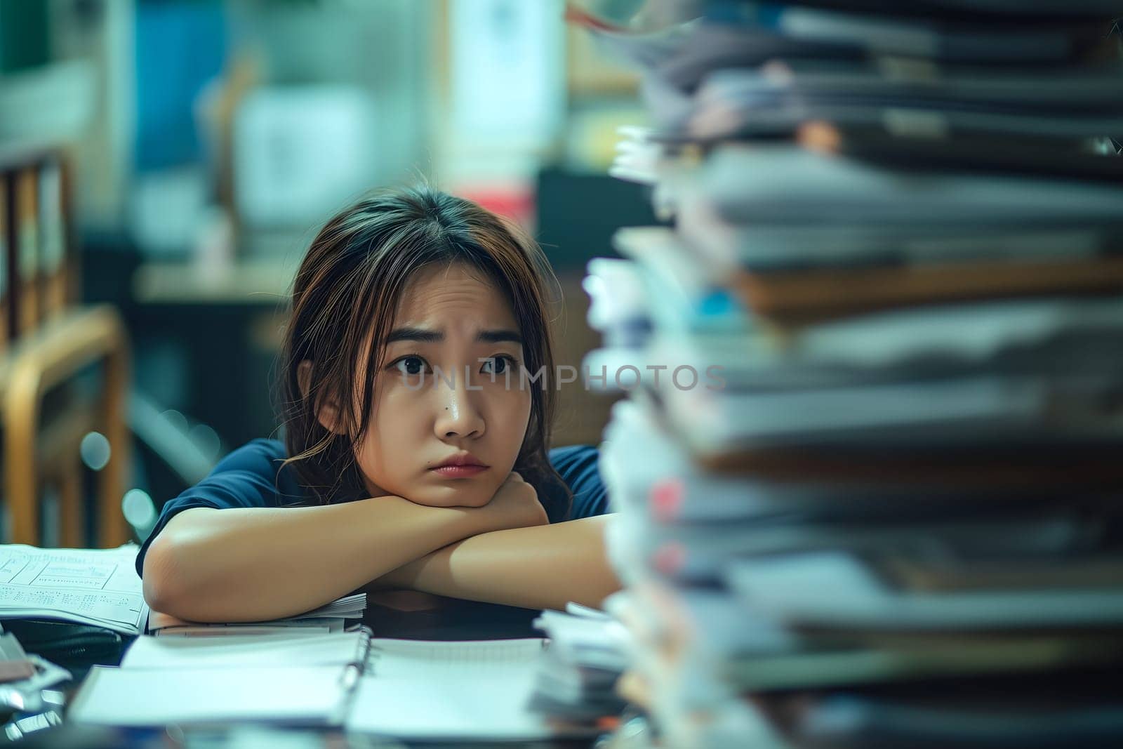 Young adult Asian woman in an office, overwhelmed by a mountains of paperwork. Neural network generated in January 2024. Not based on any actual scene or pattern.