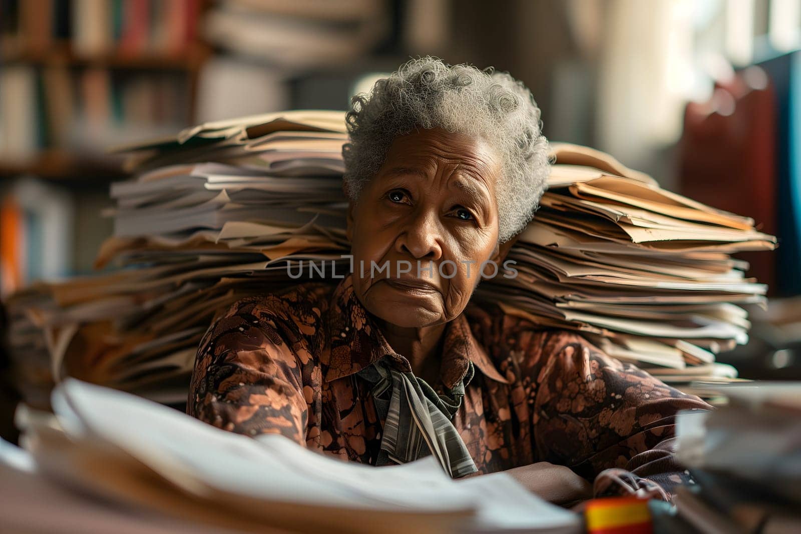 Senior African American woman in an office, overwhelmed by a mountains of paperwork. Neural network generated in January 2024. Not based on any actual scene or pattern.