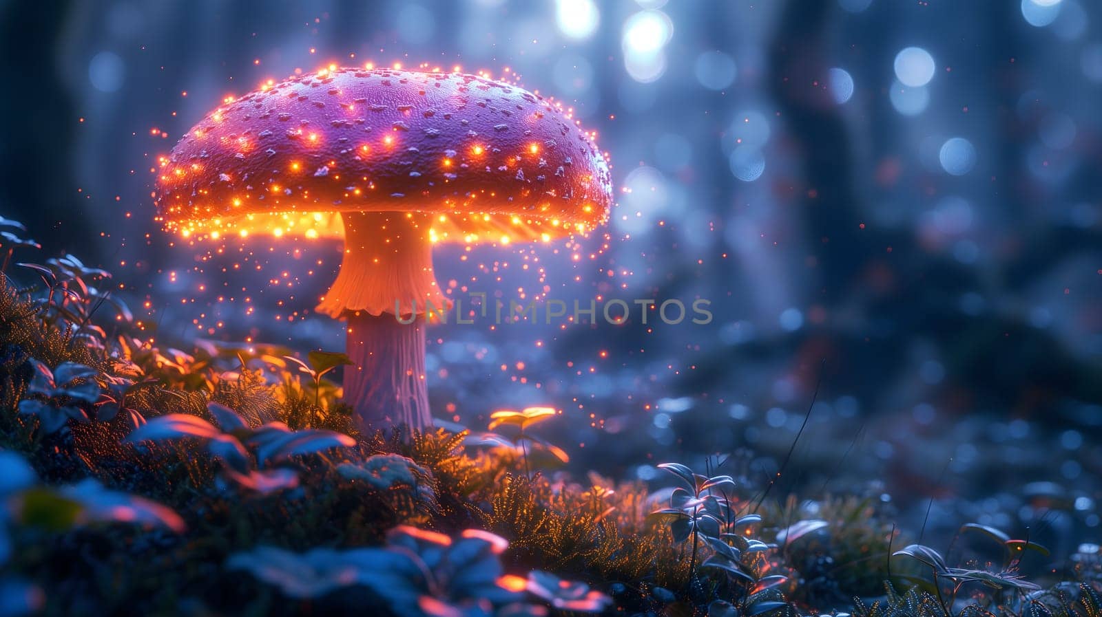 Magical mushroom in fantasy enchanted fairy tale forest. Neural network generated in January 2024. Not based on any actual scene or pattern.