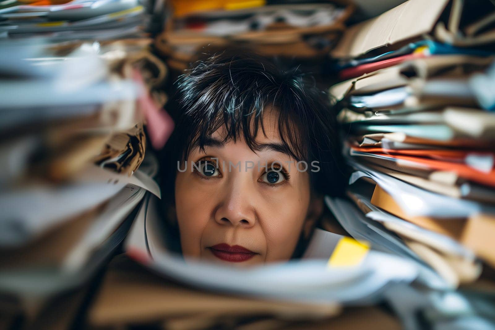 Asian woman in an office, overwhelmed by a mountains of paperwork. Neural network generated in January 2024. Not based on any actual scene or pattern.