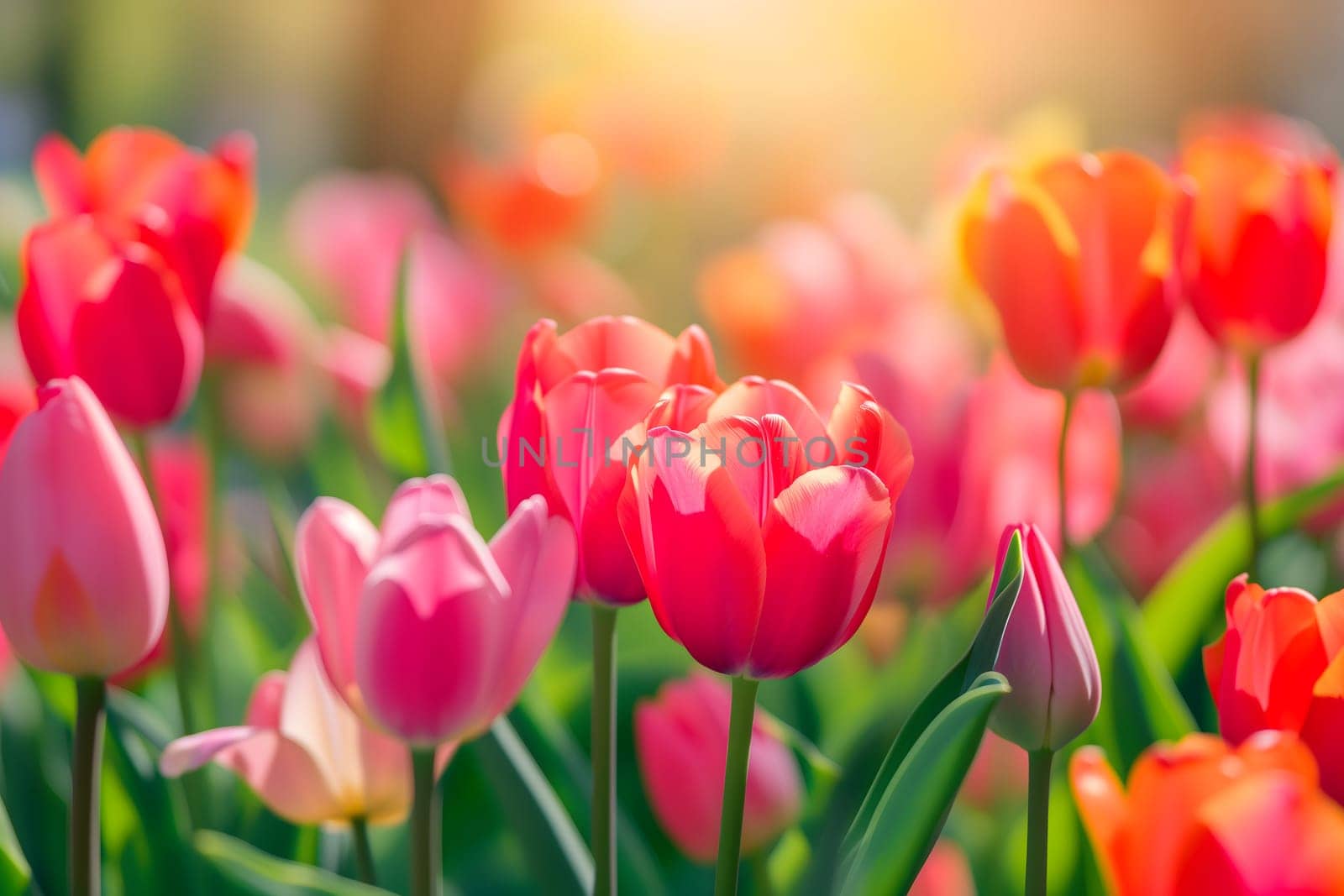 Beautiful Spring Nature background with tulip Flowers, selective focus. Vivid colors. Neural network generated in January 2024. Not based on any actual scene or pattern.
