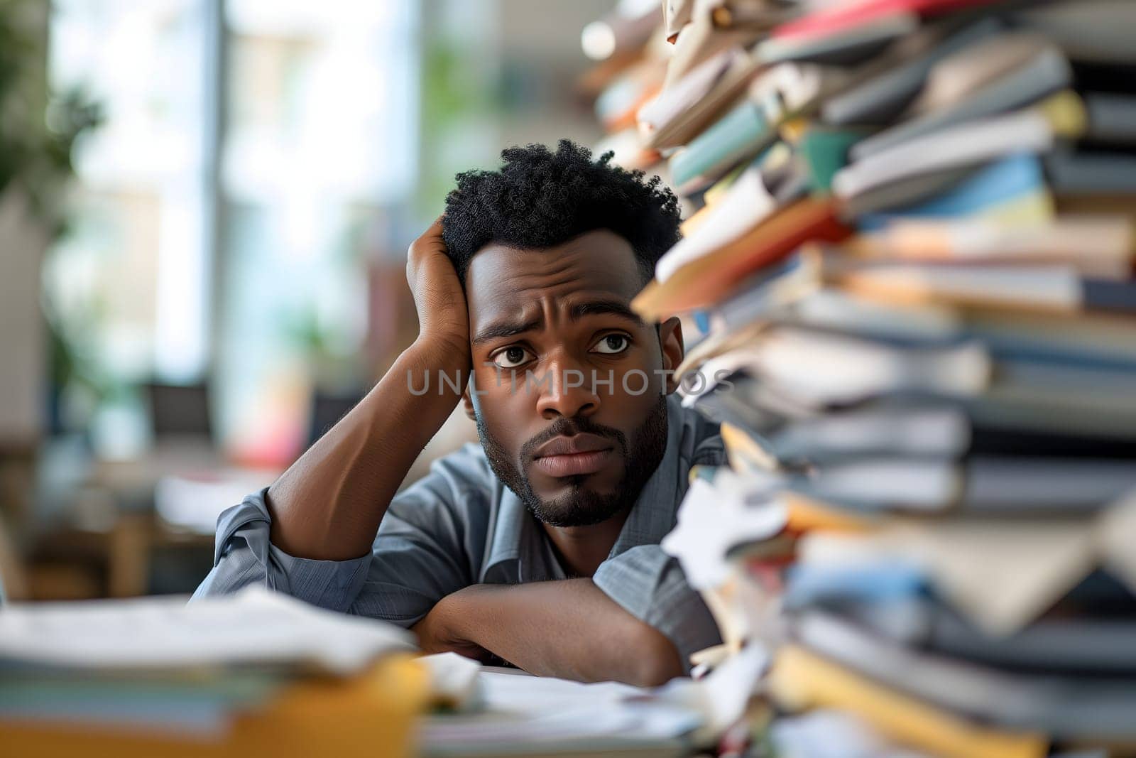 young adult African American man in an office, overwhelmed by a mountains of paperwork. Neural network generated in January 2024. Not based on any actual scene or pattern.