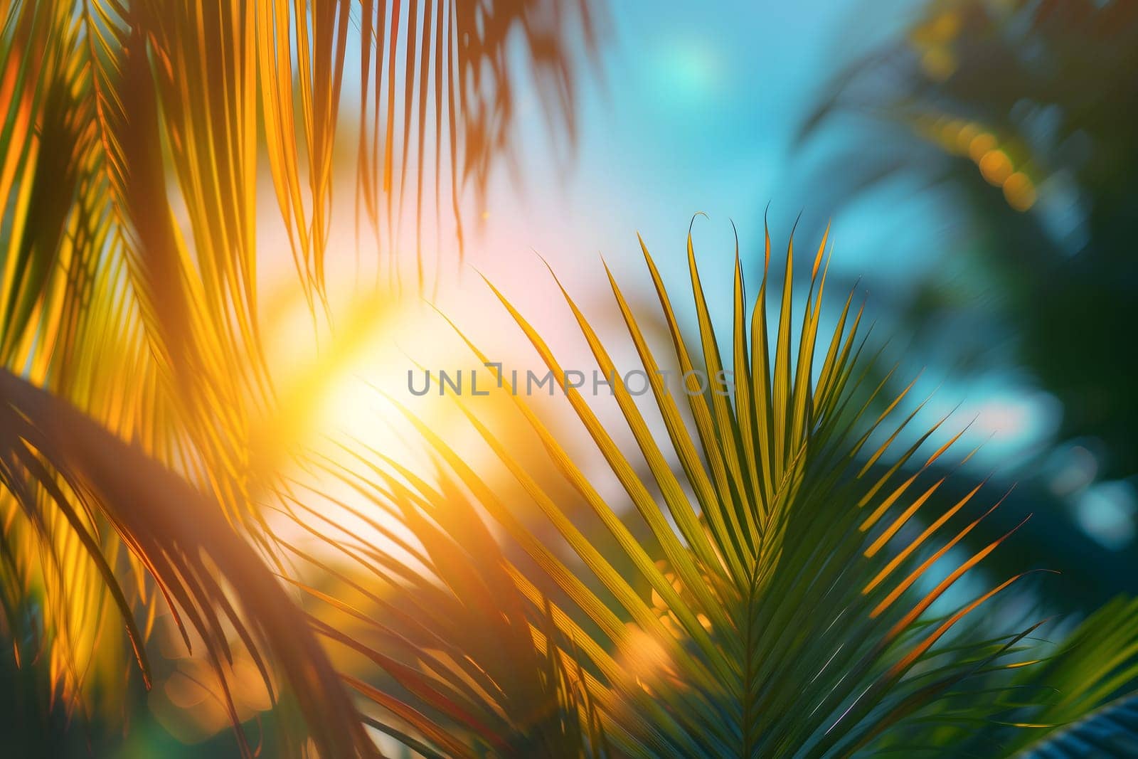 Vibrant sunny backdrop palm leaves with golden sun light. Neural network generated in January 2024. Not based on any actual scene or pattern.