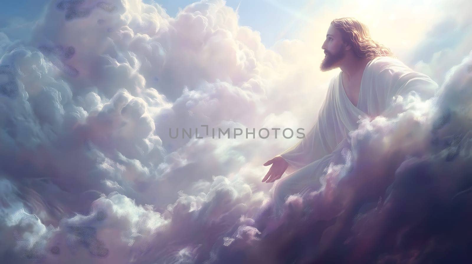 Jesus Christ in Heaven Blessing & Welcoming All. Neural network generated image. Not based on any actual person or scene.