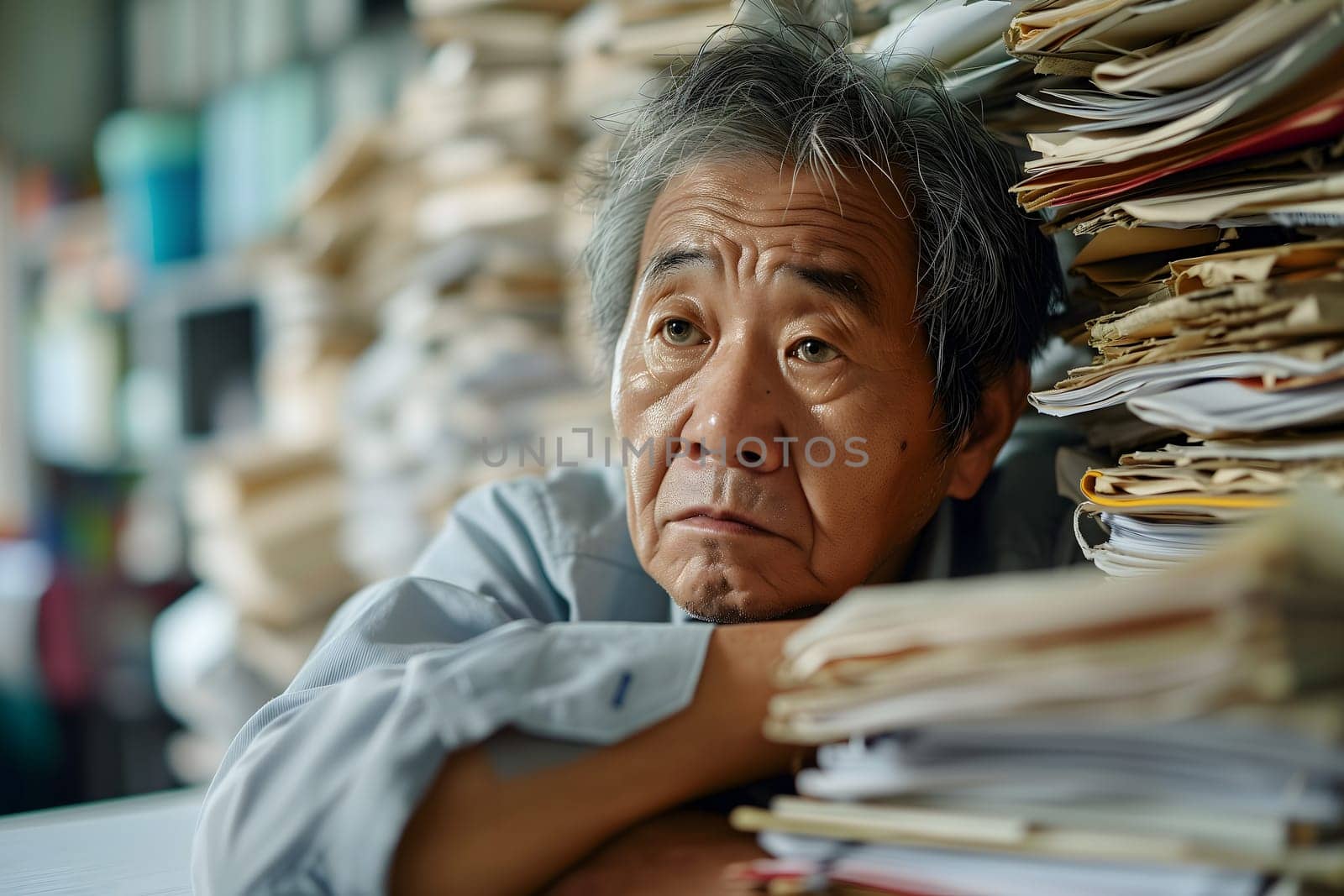 Senior Asian woman in an office, overwhelmed by a mountains of paperwork. Neural network generated in January 2024. Not based on any actual scene or pattern.