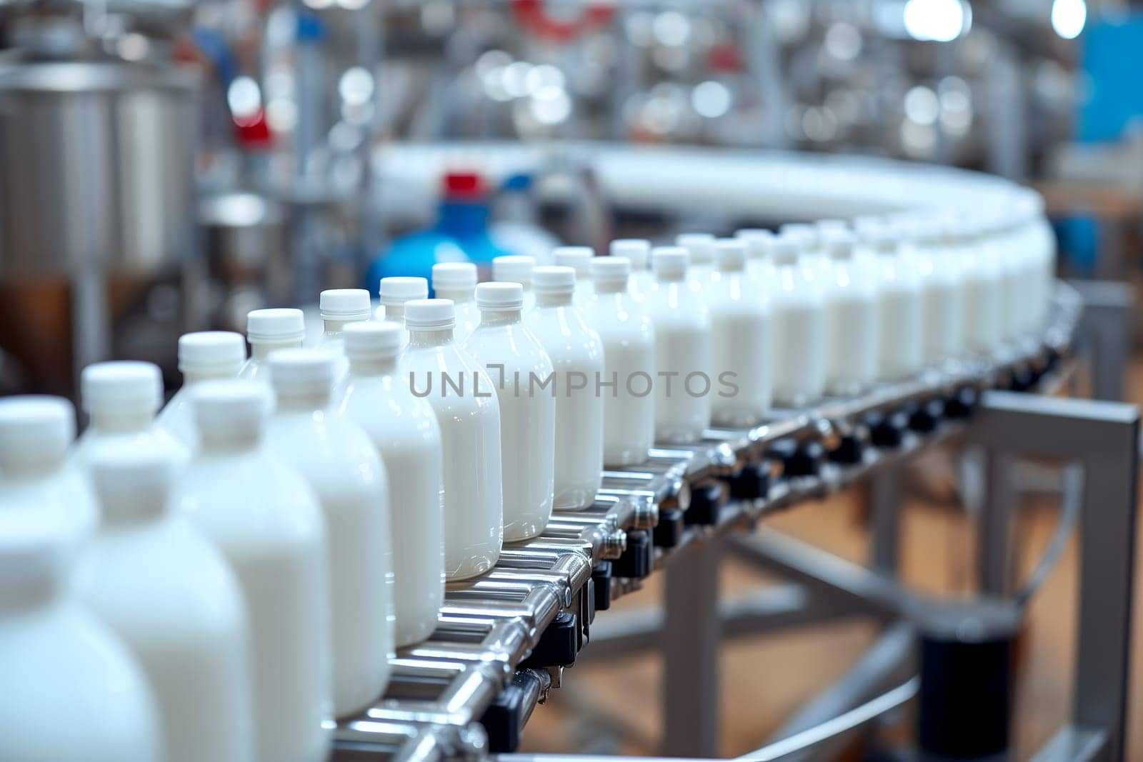 Factory line for processing and bottling of milk. Selective focus. Neural network generated image. Not based on any actual person or scene.