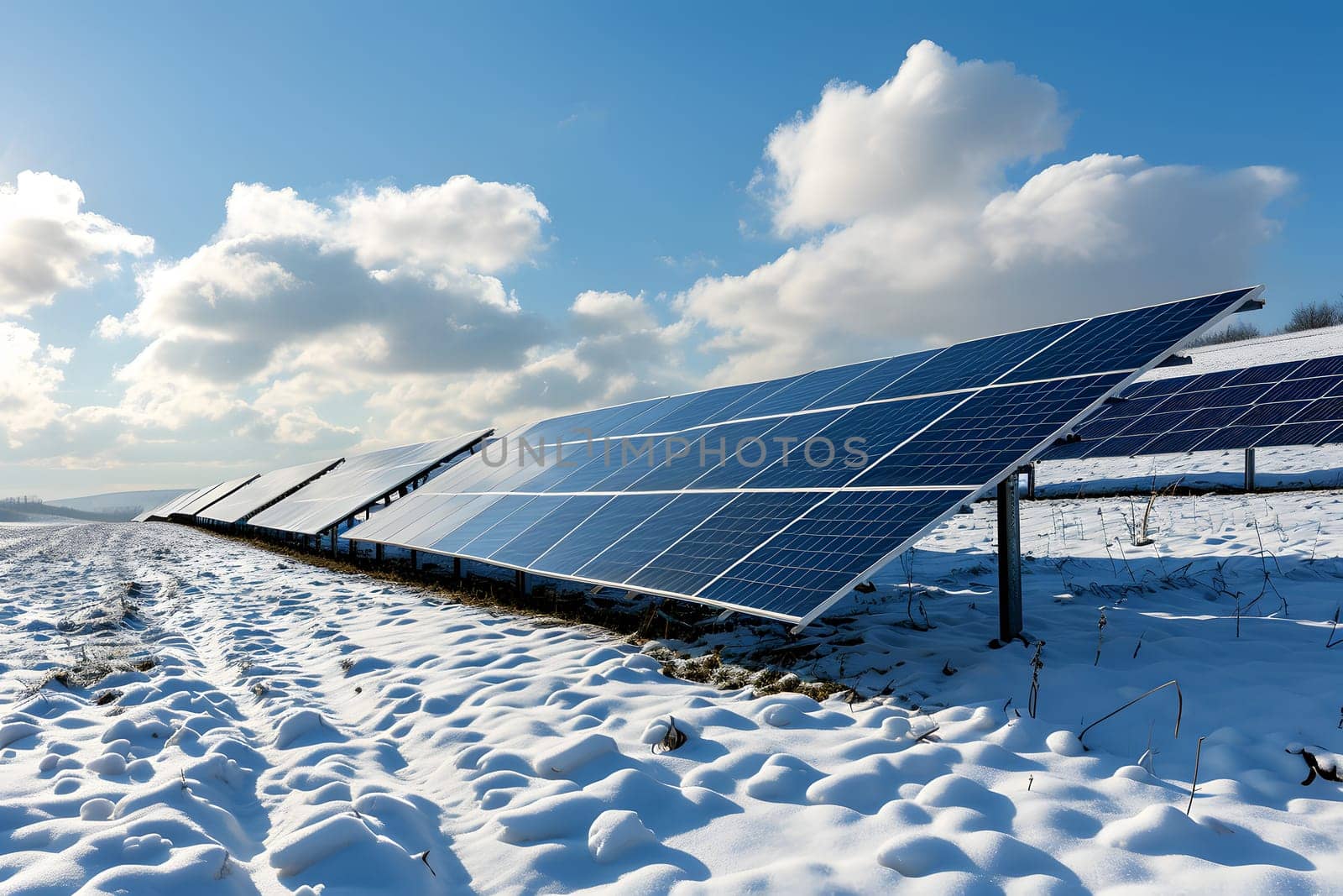Photovoltaic solar panels in the field at sunny winter day. Neural network generated in January 2024. Not based on any actual scene or pattern.