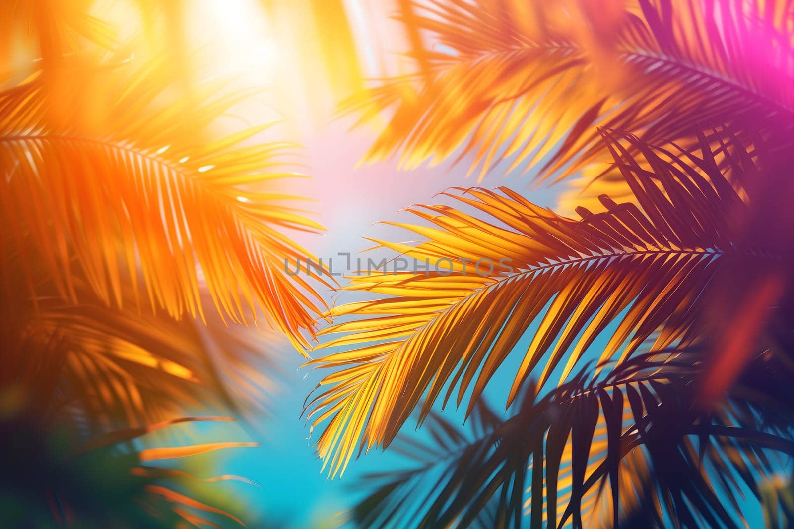 Vibrant sunny backdrop palm leaves with golden sun light. Neural network generated in January 2024. Not based on any actual scene or pattern.