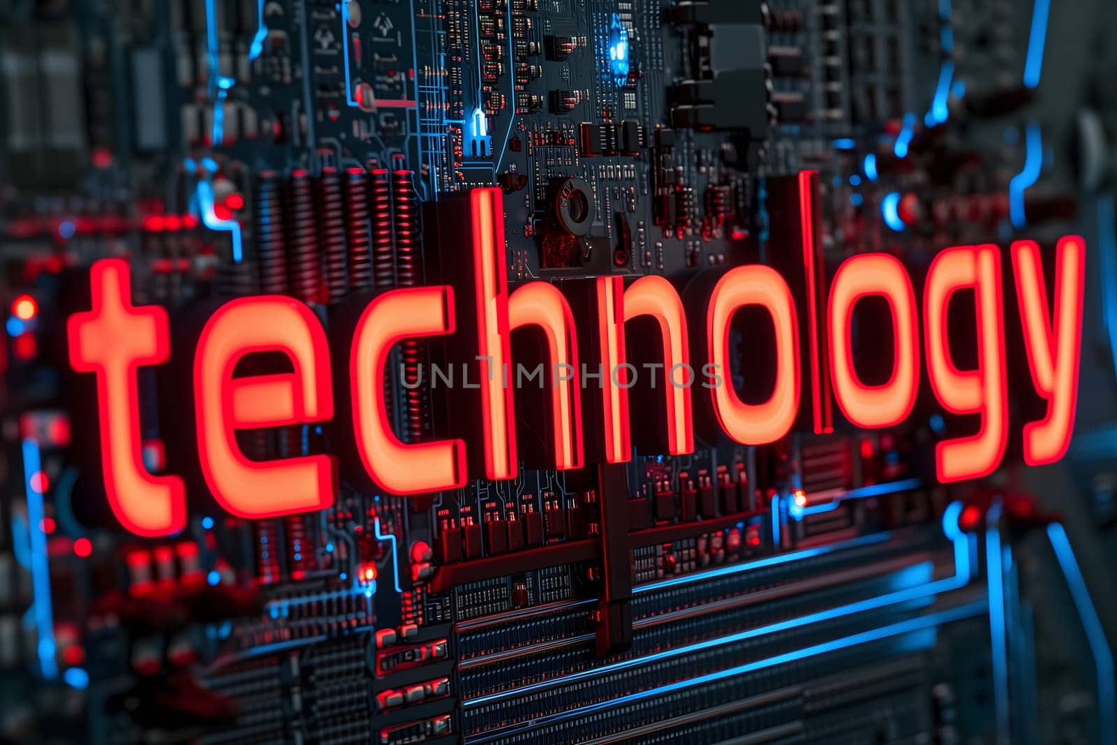 The word technology on circuit board background, closeup. Neural network generated image. Not based on any actual person or scene.