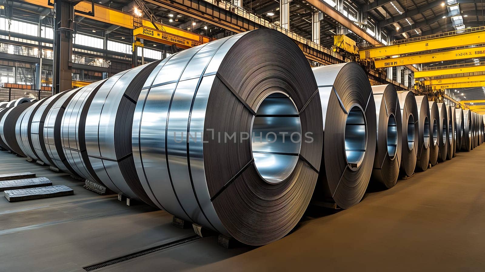 Packed rolls of steel sheet, Cold rolled steel coils in a warehouse. Neural network generated image. Not based on any actual person or scene.