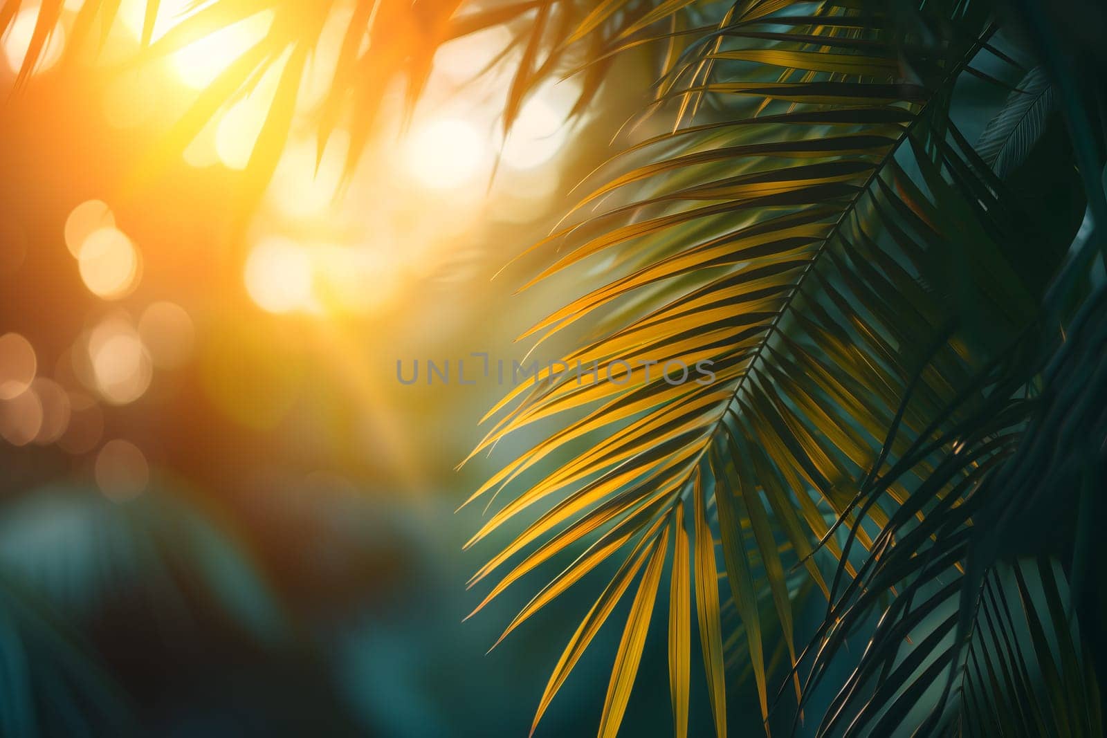 Vibrant sunny backdrop palm leaves with golden sun light. Neural network generated in January 2024. Not based on any actual scene or pattern.