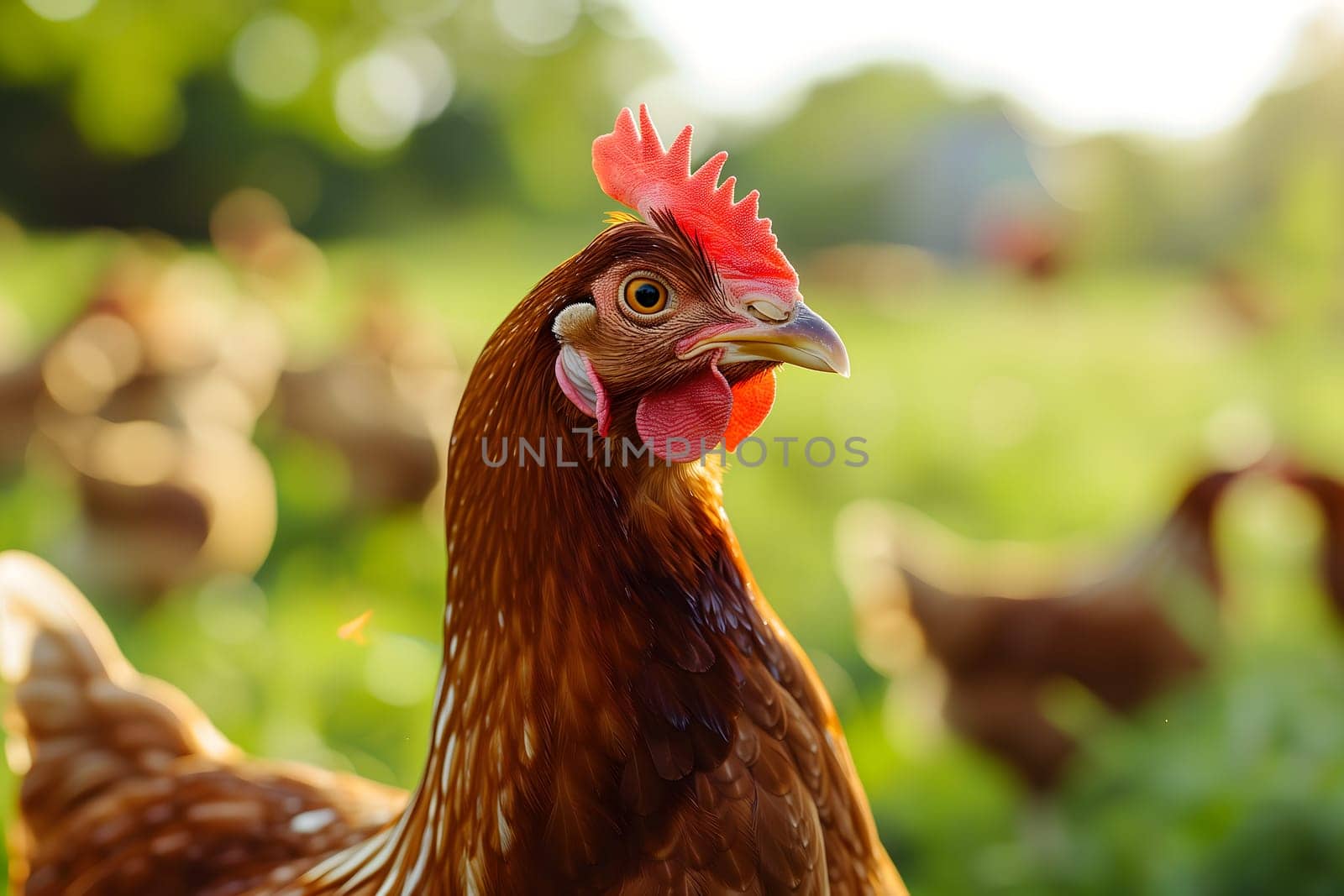Portrait of hen on the chicken farm, closeup with bokeh. Neural network generated image. Not based on any actual person or scene.