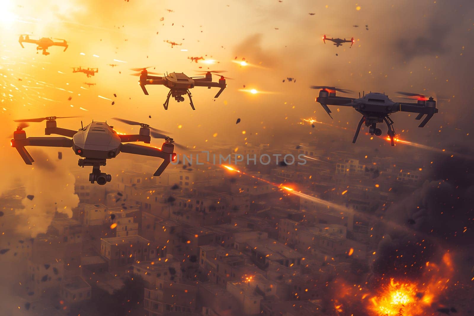 Swarm of flying drones above burning city at day time. Neural network generated image. Not based on any actual scene or pattern.