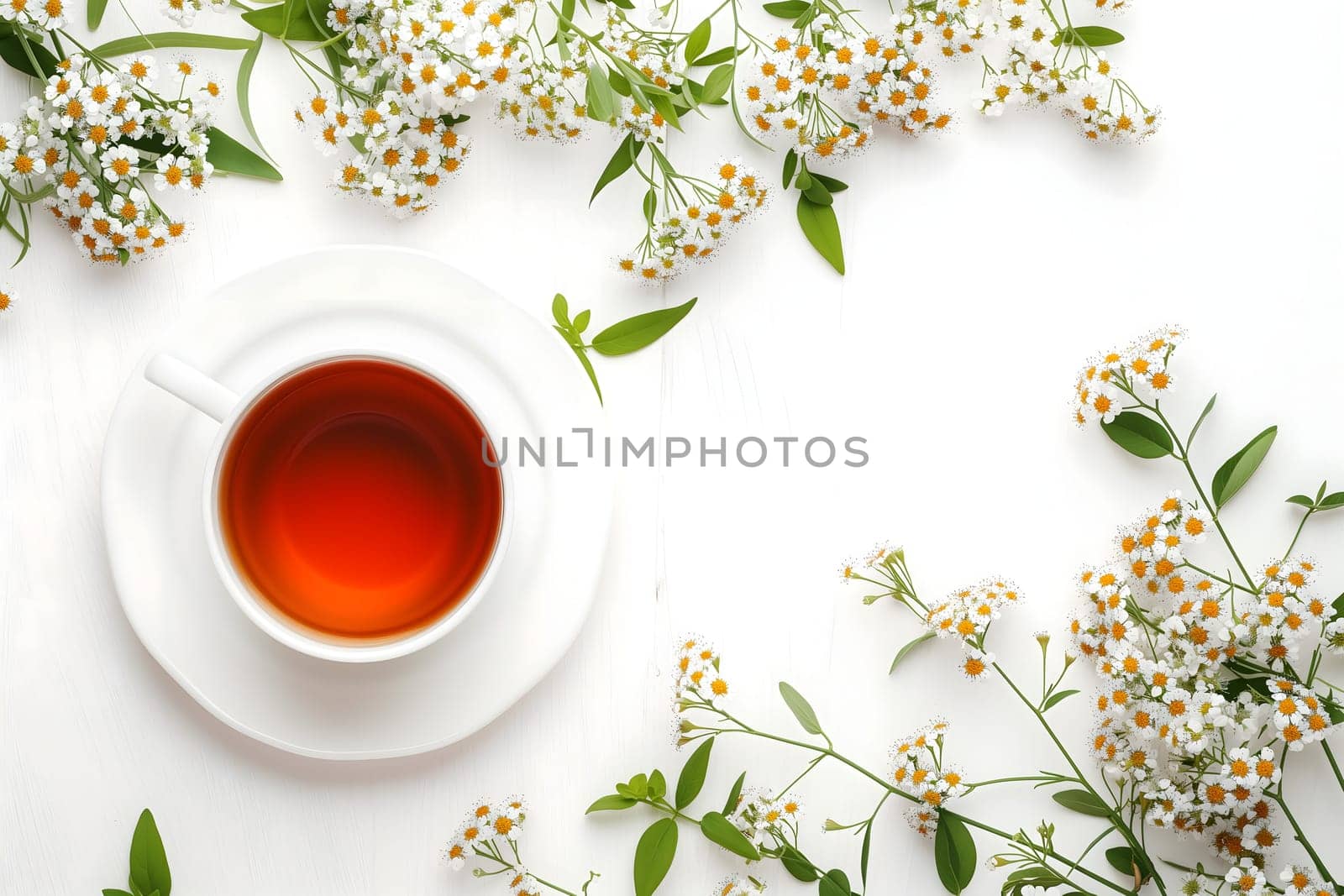 A cup of tea is on top a white table with blossoming floral branches. Neural network generated image. Not based on any actual scene or pattern.