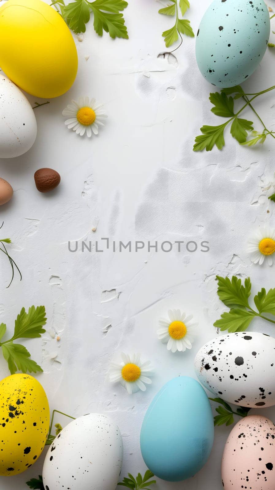 Easter eggs day background with copy space, high angle view. Neural network generated image. Not based on any actual scene or pattern.