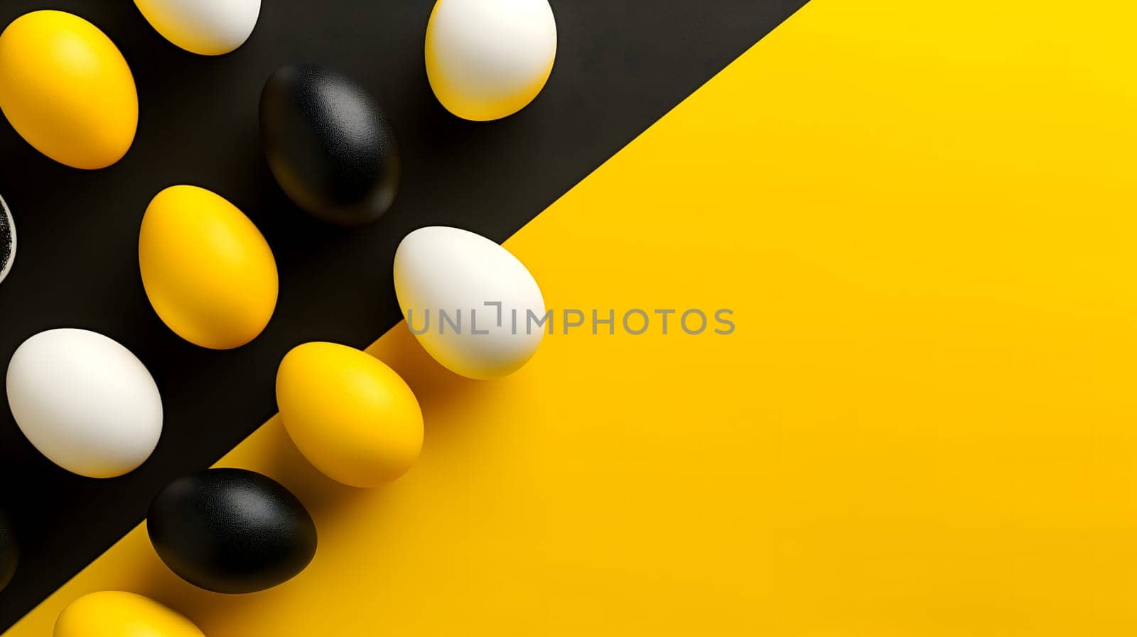 Golden, black, white Easter eggs on a yellow-black background. geometry. Minimal concept. View from above. Neural network generated image. Not based on any actual scene or pattern.