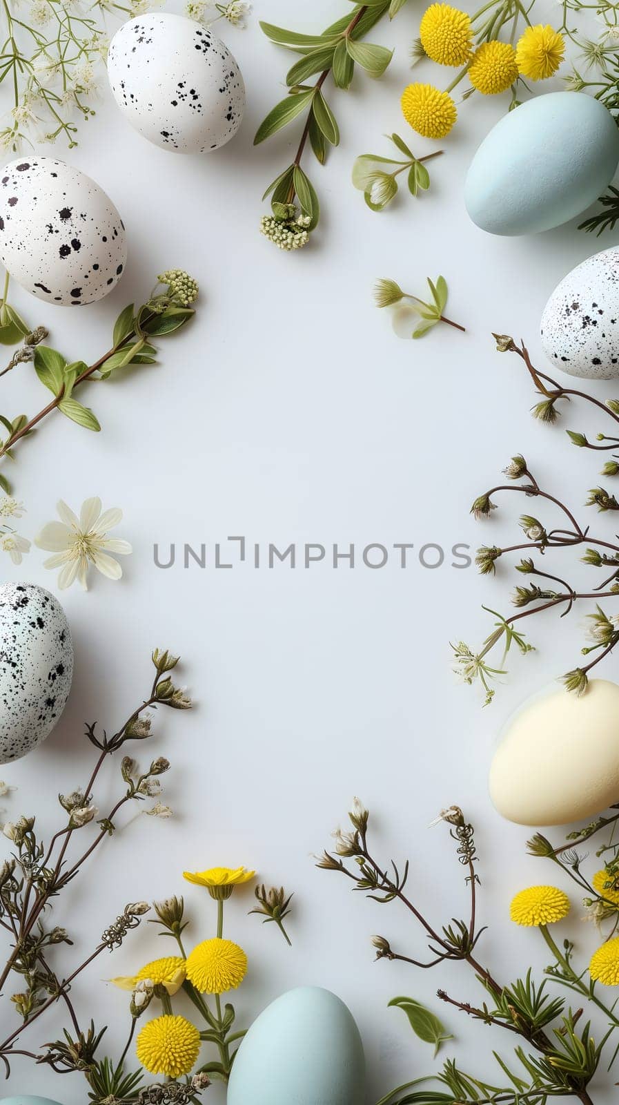 Easter eggs day background with copy space, high angle view. Neural network generated image. Not based on any actual scene or pattern.
