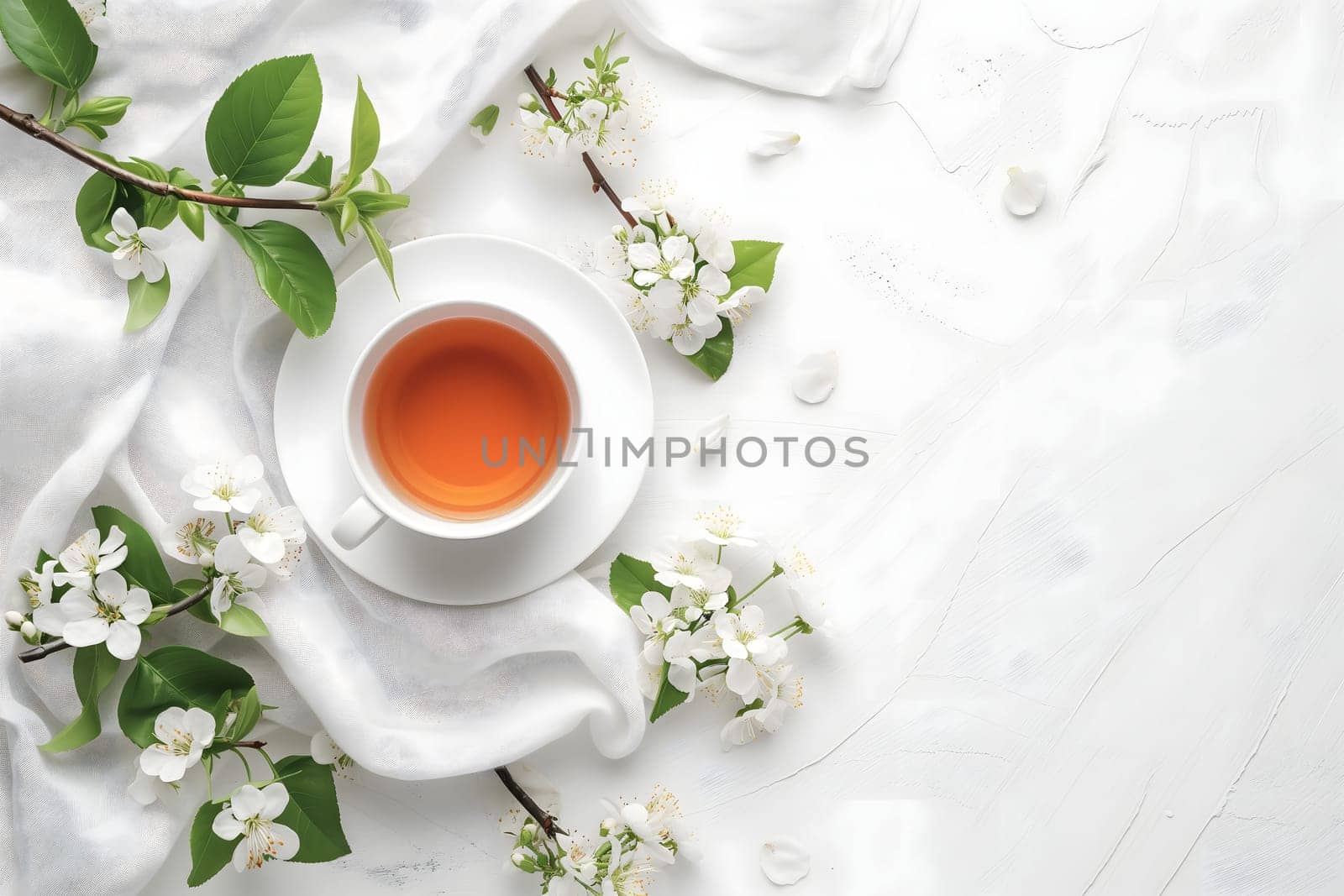A cup of tea is on top a white table with blossoming floral branches. Neural network generated image. Not based on any actual scene or pattern.