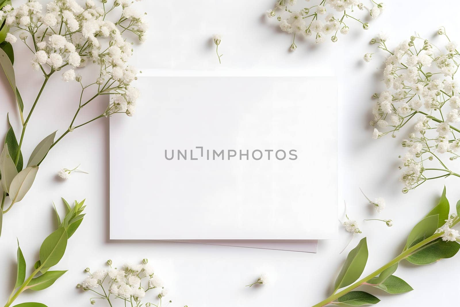 White greeting card with flowers mock up high angle view directly above decoration. Neural network generated image. Not based on any actual scene or pattern.