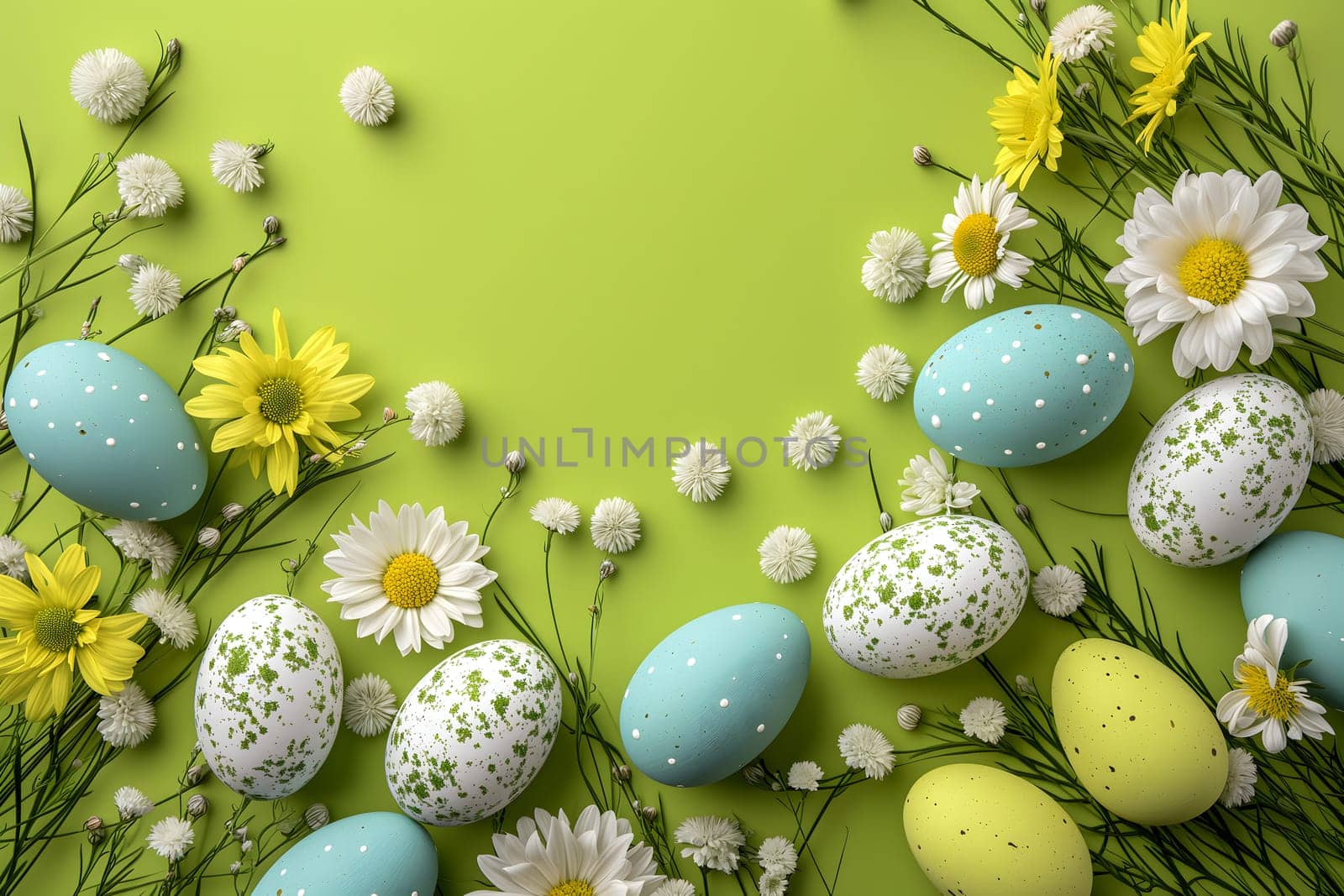 Easter eggs day background with copy space, high angle view. Neural network generated image. Not based on any actual scene or pattern.