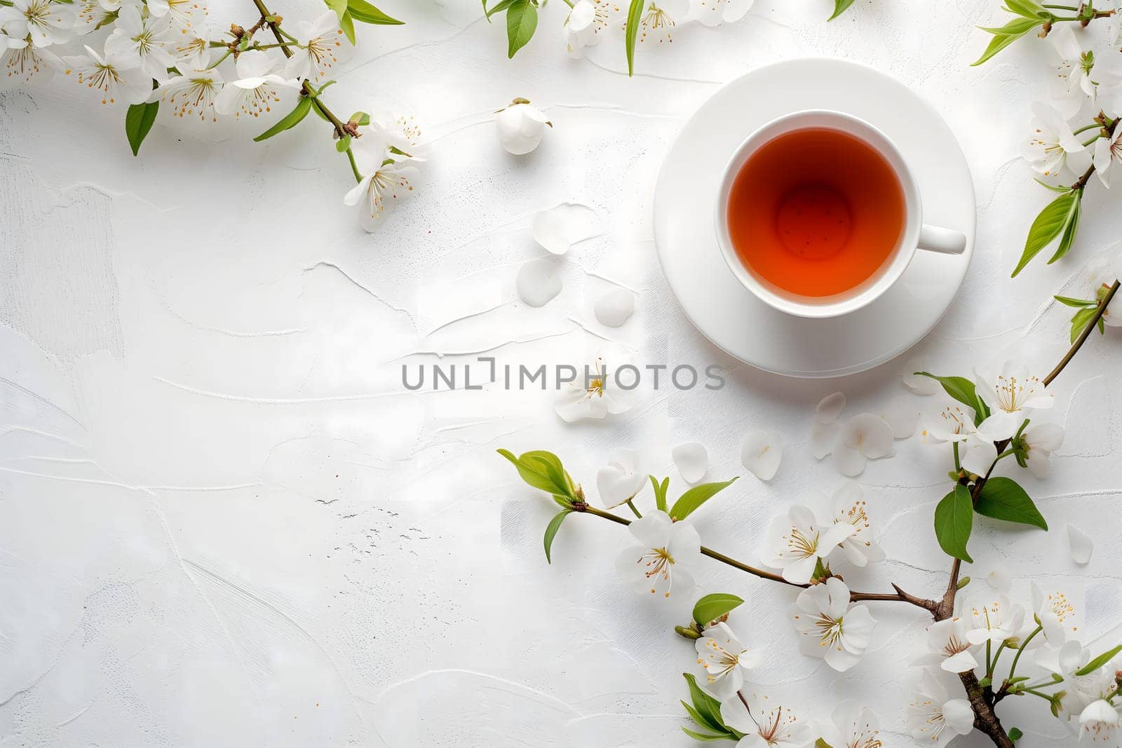 A cup of tea is on top a white table with blossoming floral branches. Neural network generated image. Not based on any actual scene or pattern.