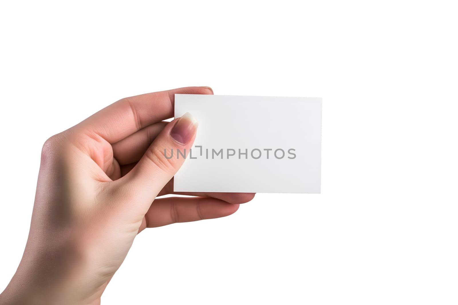 Woman Hand holding blank business card on white background. Neural network generated image. Not based on any actual scene or pattern.