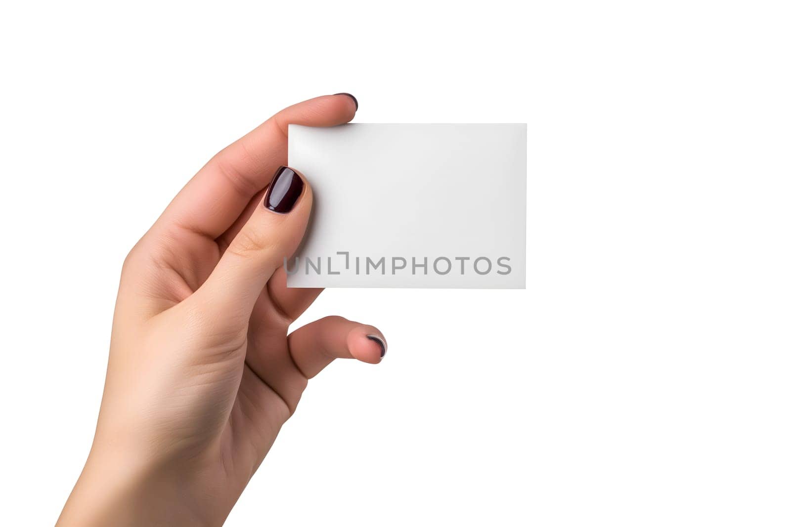 Woman Hand holding blank business card on white background. Neural network generated image. Not based on any actual scene or pattern.