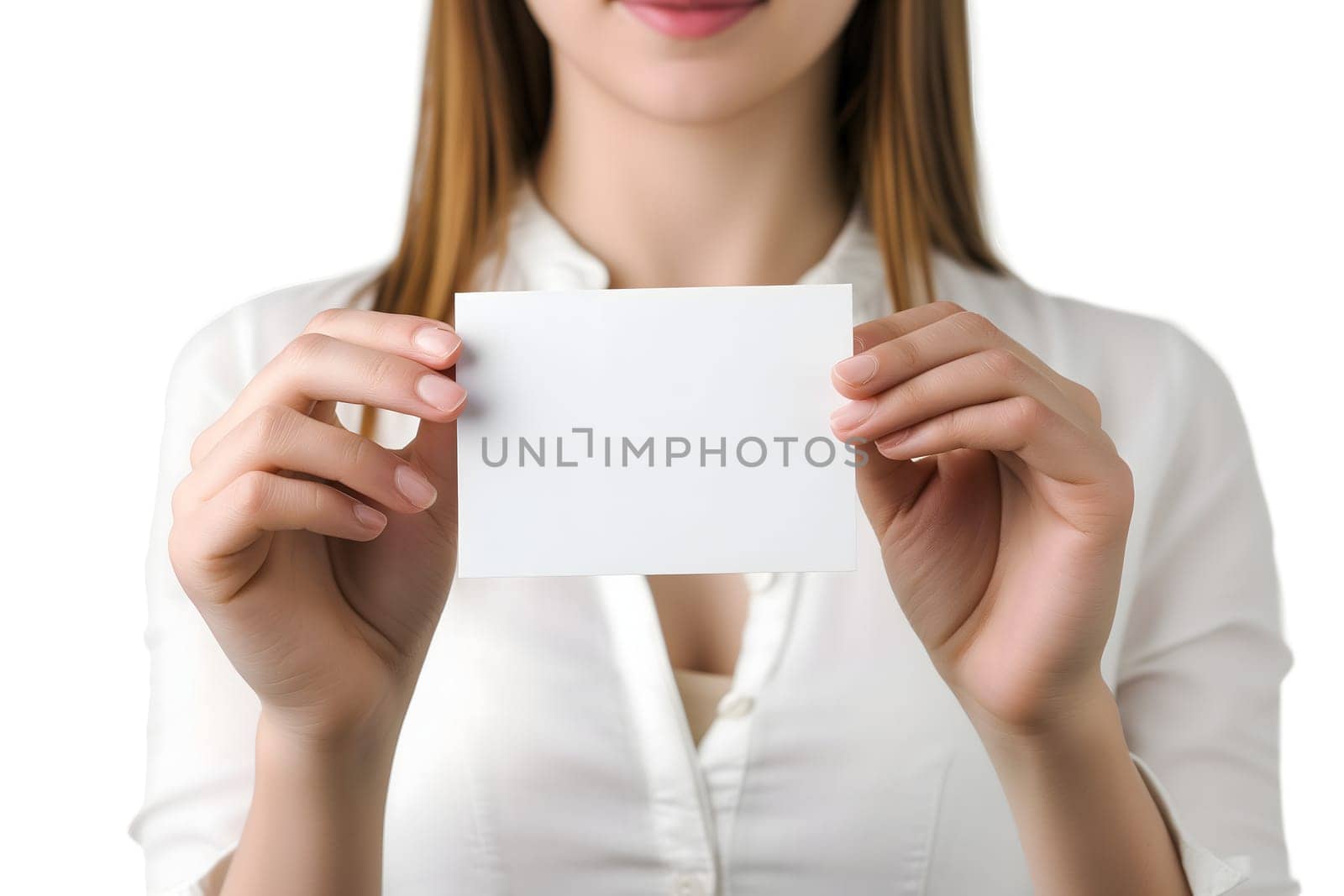 Long-haired young adult Caucasian woman Hand holding blank business card on white background. Neural network generated image. Not based on any actual scene or pattern.