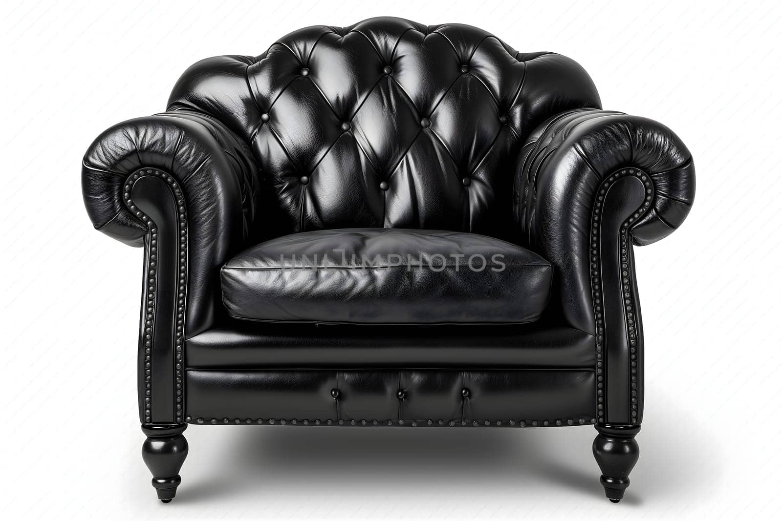 Black leather retro Victorian style armchair on white background. Digitally generated image. Not based on any actual person, scene or pattern.