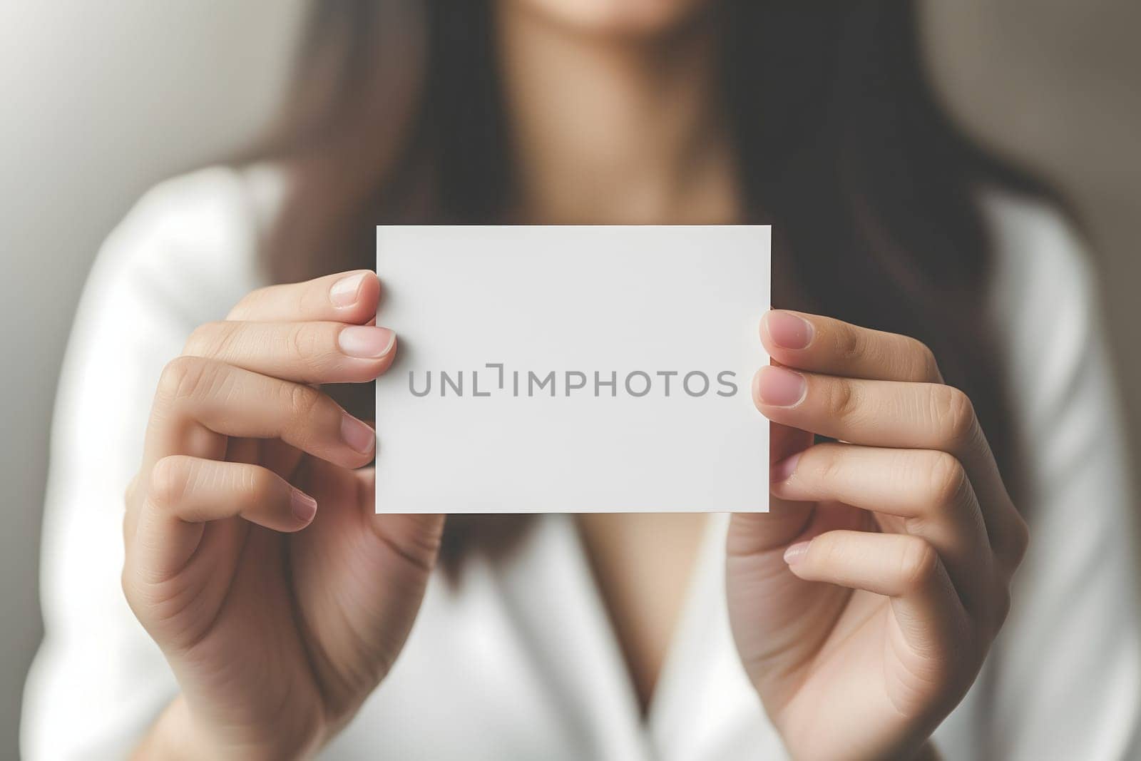Long-haired young adult Caucasian woman Hand holding blank business card on white background. Neural network generated image. Not based on any actual scene or pattern.