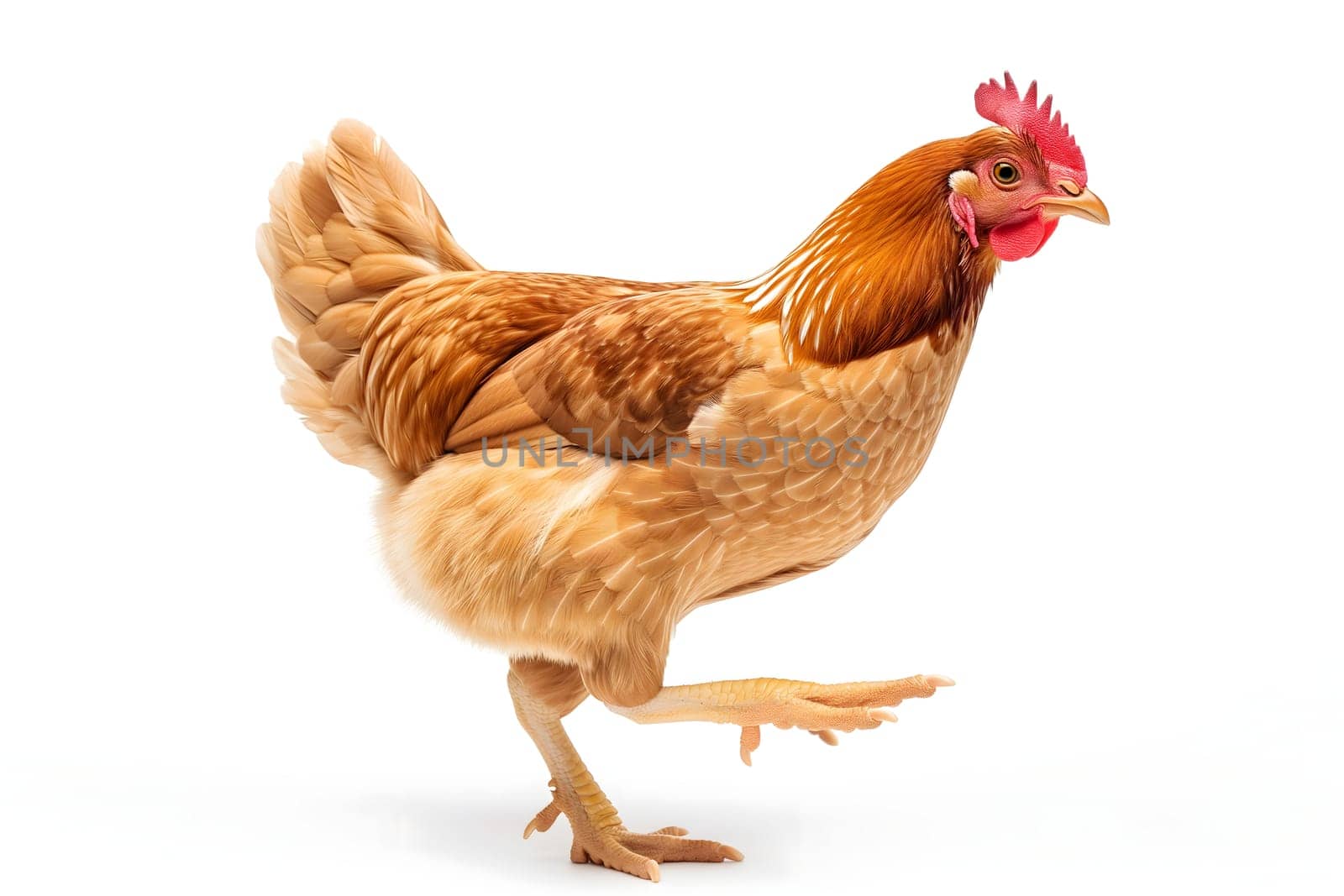 Running chicken hen on white background. Neural network generated image. Not based on any actual scene or pattern.