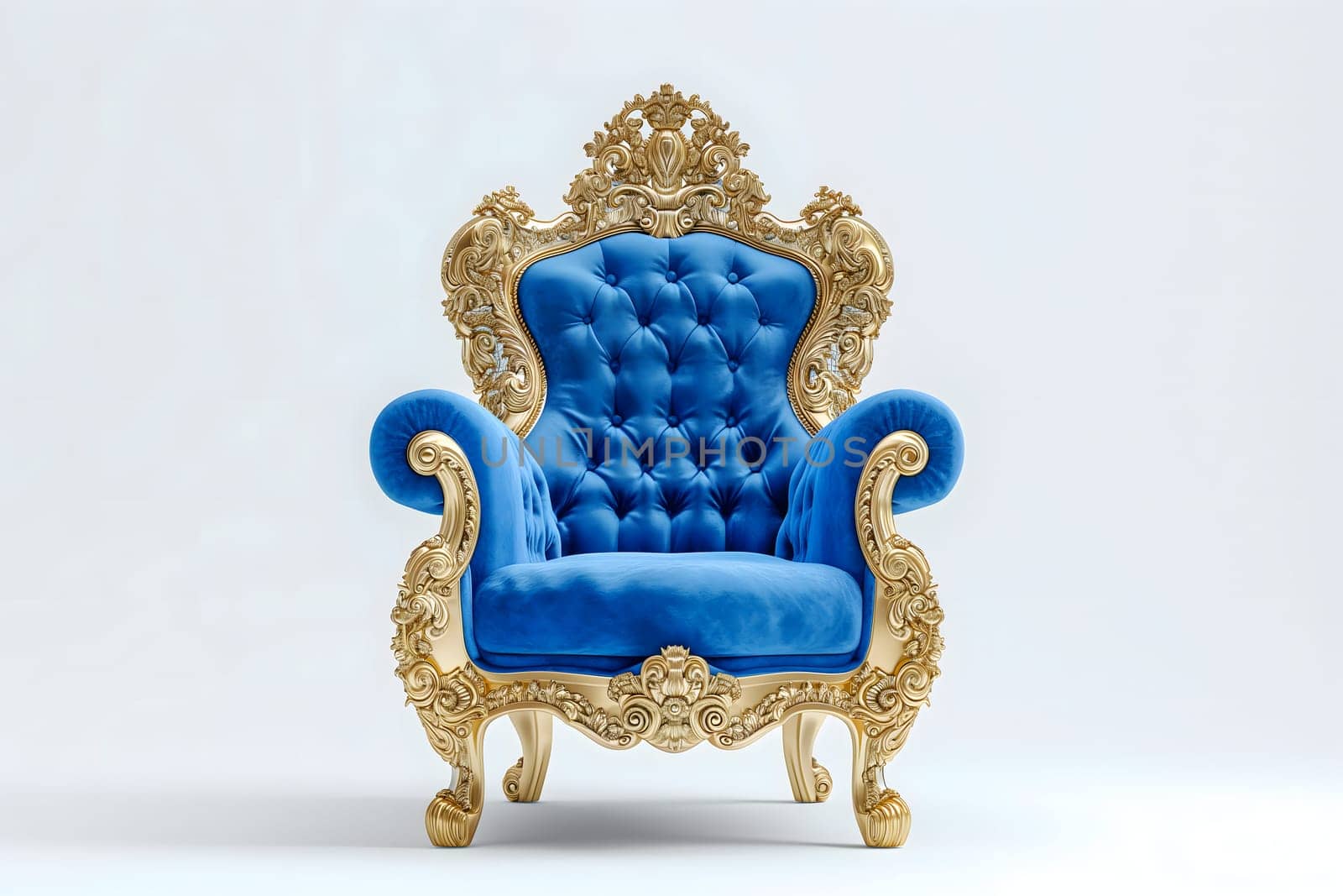 Blue velvet capitonner technique armchair on white background. Digitally generated image. Not based on any actual person, scene or pattern.