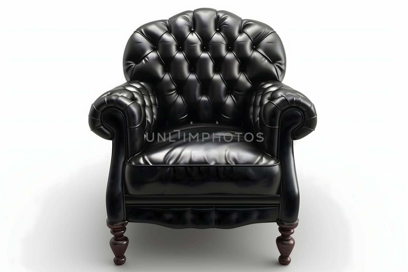 Black leather retro Victorian style armchair on white background. Digitally generated image. Not based on any actual person, scene or pattern.