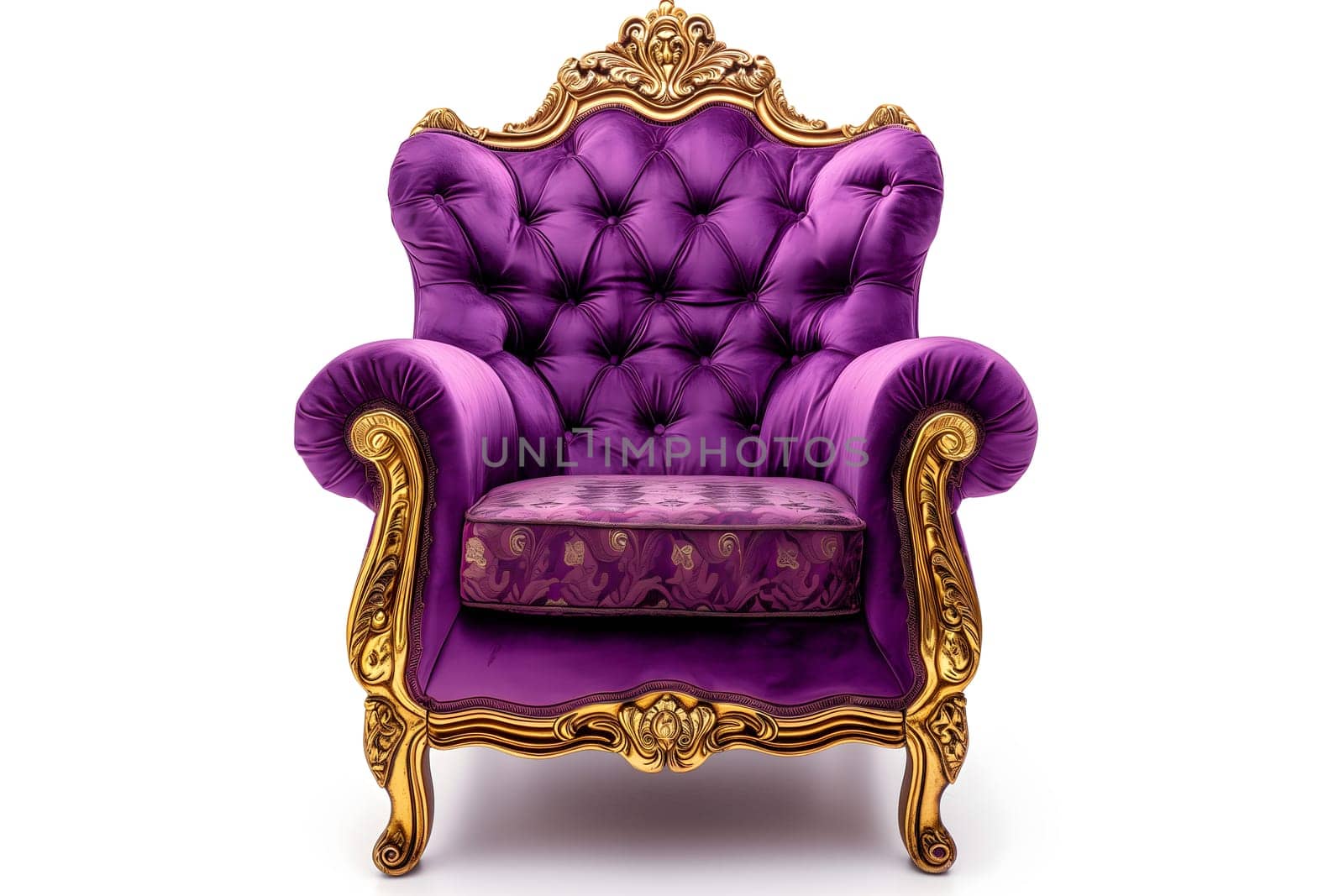 Purple velvet capitonner technique armchair on white background. Digitally generated image. Not based on any actual person, scene or pattern.
