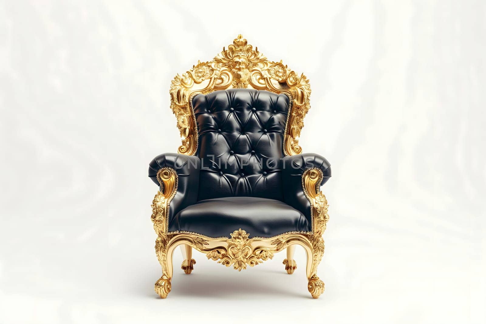 Black leather retro Victorian style armchair on white background. Digitally generated image. Not based on any actual person, scene or pattern.