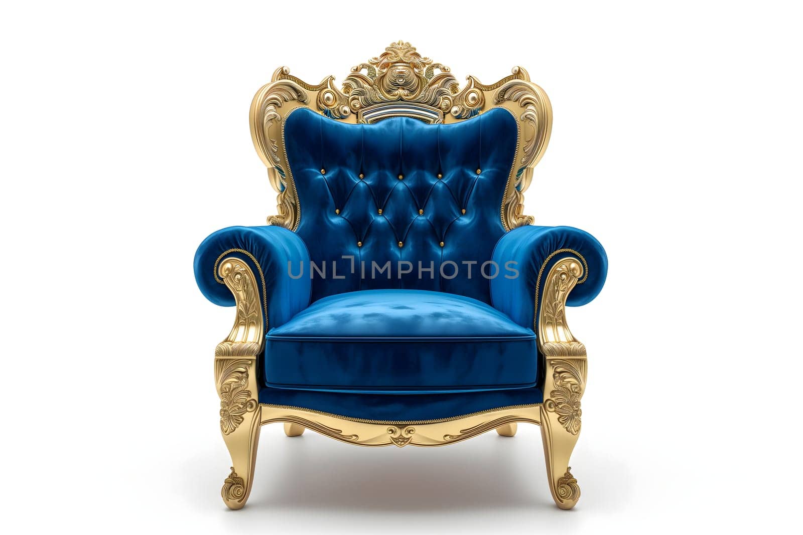 Blue velvet capitonner technique armchair on white background. Digitally generated image. Not based on any actual person, scene or pattern.