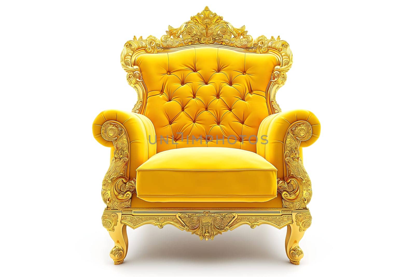 Yellow velvet capitonner technique armchair on white background. Digitally generated image. Not based on any actual person, scene or pattern.