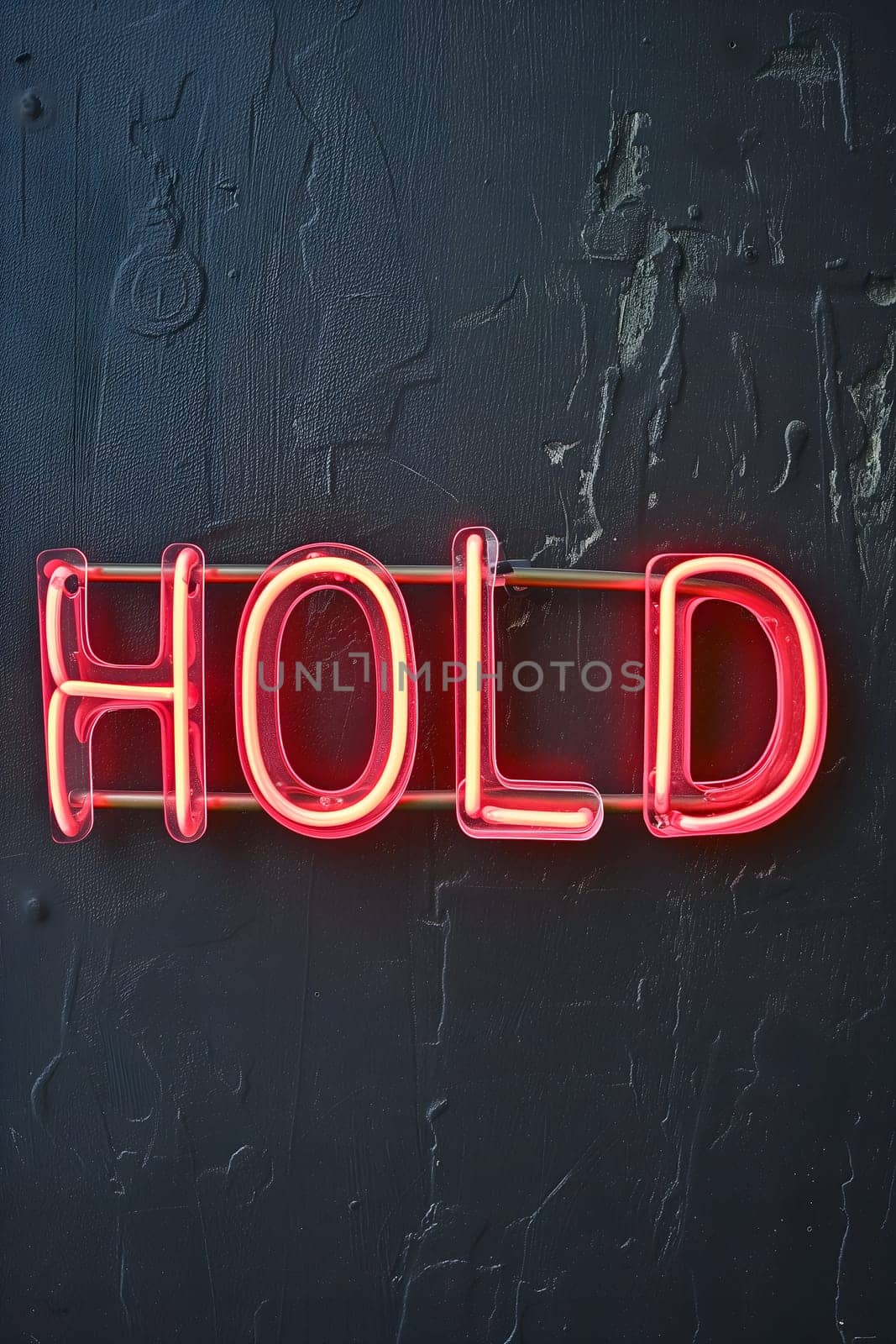 Neon inscription hold on dark shabby wall. Neural network generated image. Not based on any actual scene or pattern.