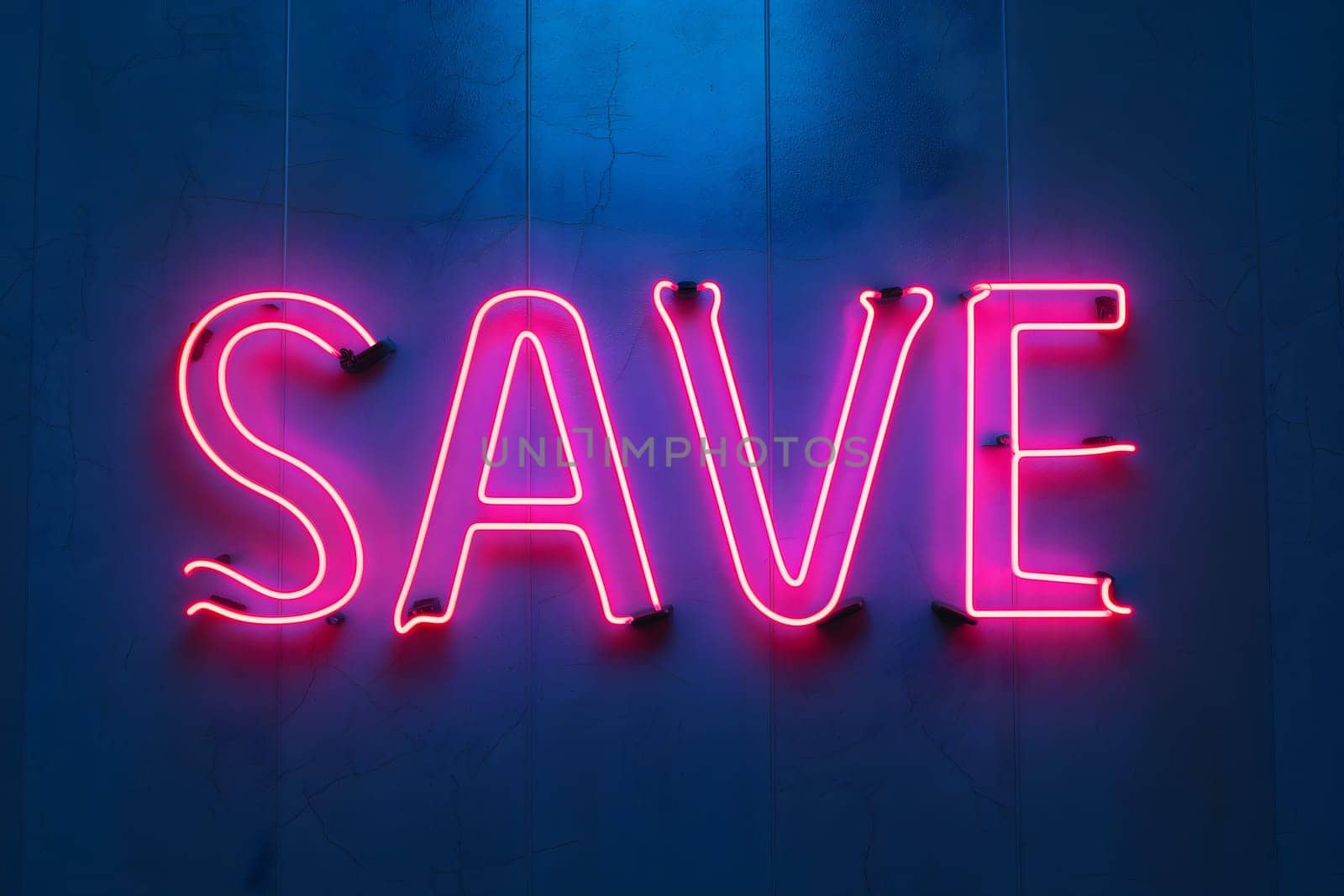 Neon word save on dark shabby wall. Neural network generated image. Not based on any actual scene or pattern.