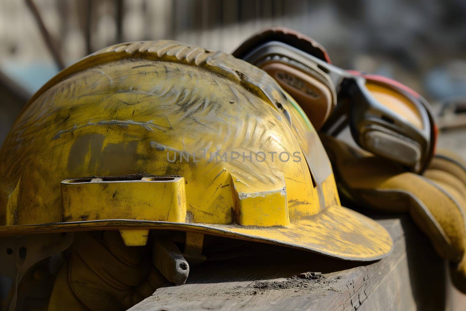 Old yellow hard hat at construction site. Neural network generated image. Not based on any actual scene or pattern.