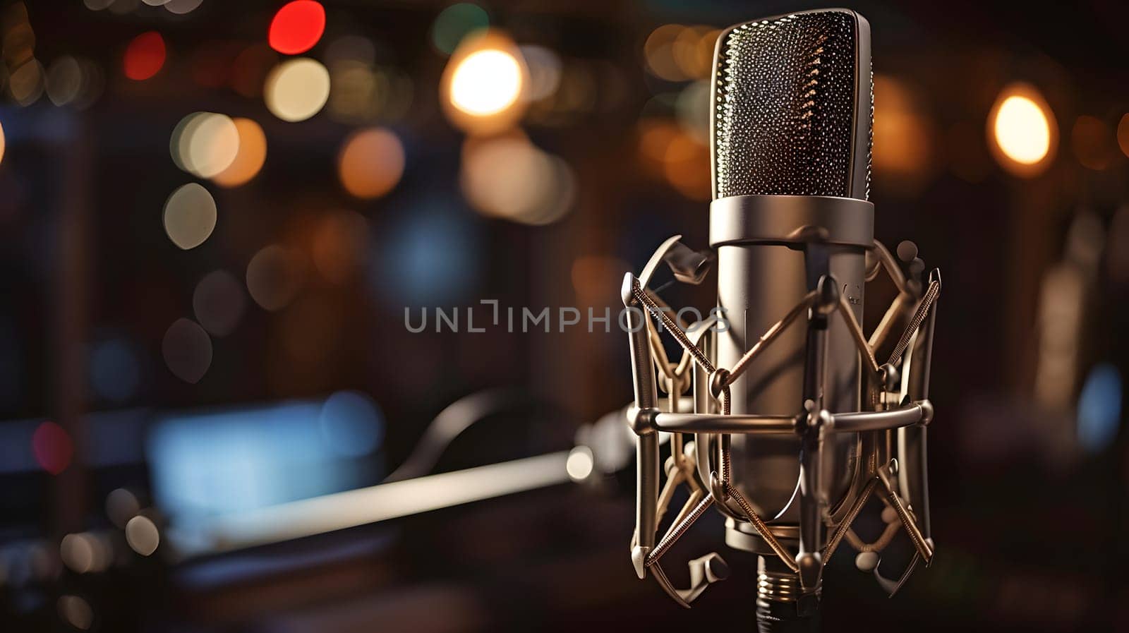 A condenser studio microphone with a shock mount in a music studio, representing the musical concept with asymmetrical composition and copy space. Neural network generated image. Not based on any actual scene or pattern.