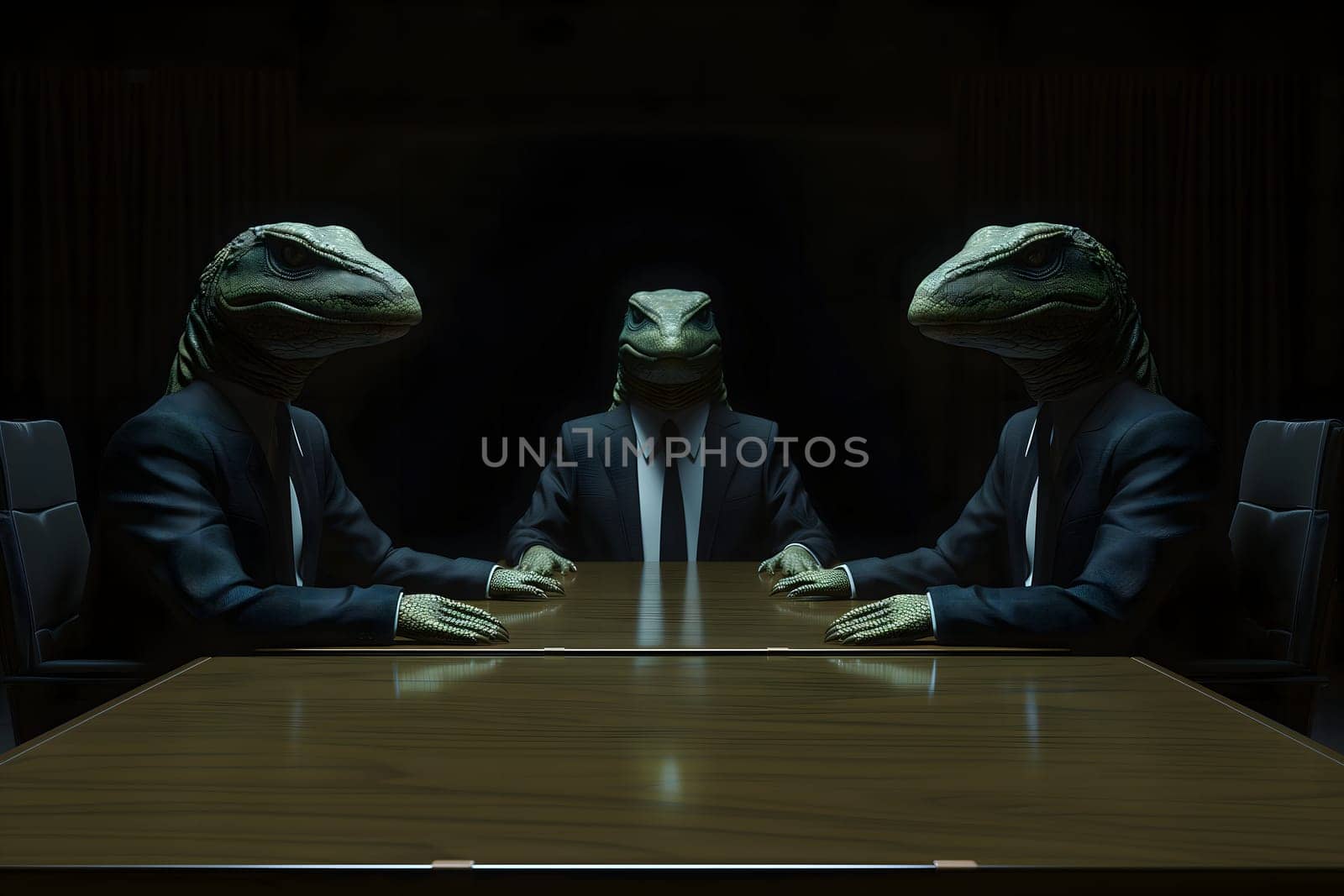 Three reptile men in business suits sitting at the table in dark room, secret world government concept. Neural network generated image. Not based on any actual scene or pattern.