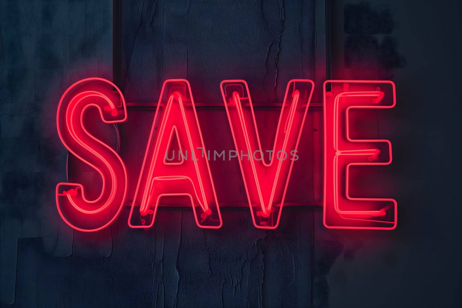 Neon word save on dark shabby wall. Neural network generated image. Not based on any actual scene or pattern.