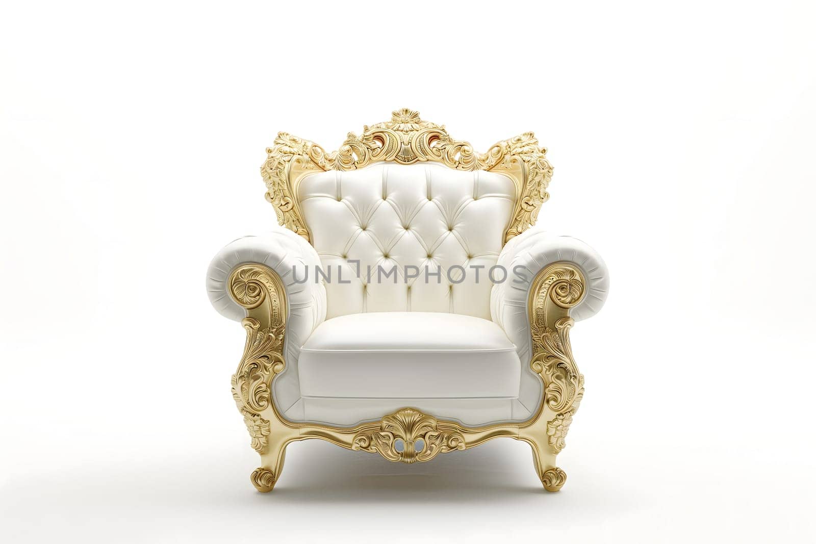 White leather capitonner technique armchair on white background. Digitally generated image. Not based on any actual person, scene or pattern.