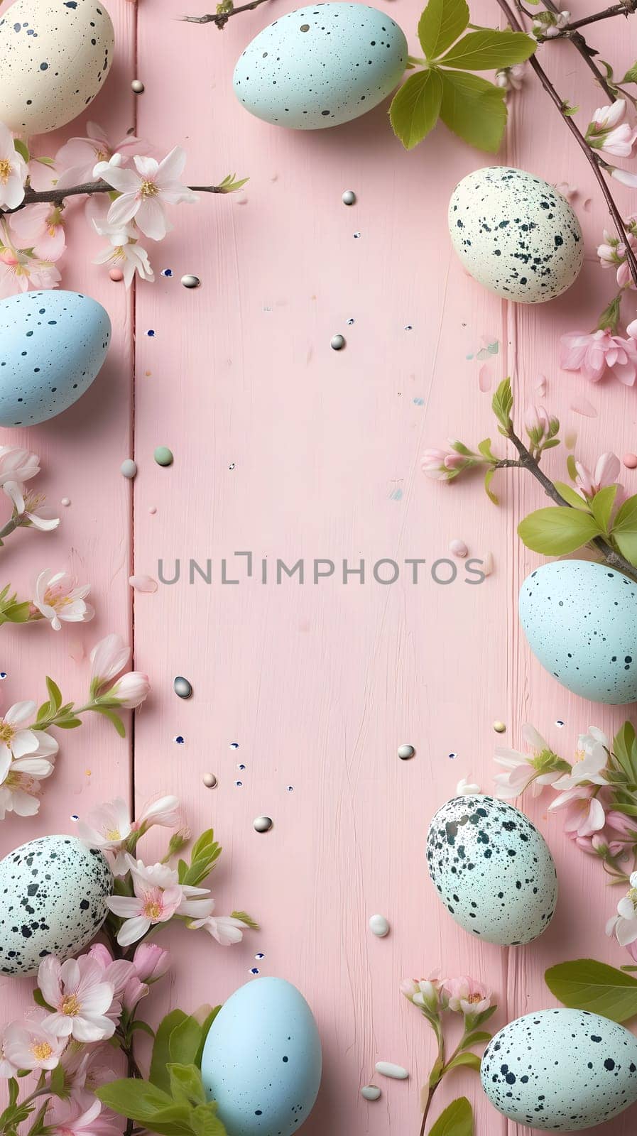 Easter eggs day background with copy space, high angle view. Neural network generated image. Not based on any actual scene or pattern.