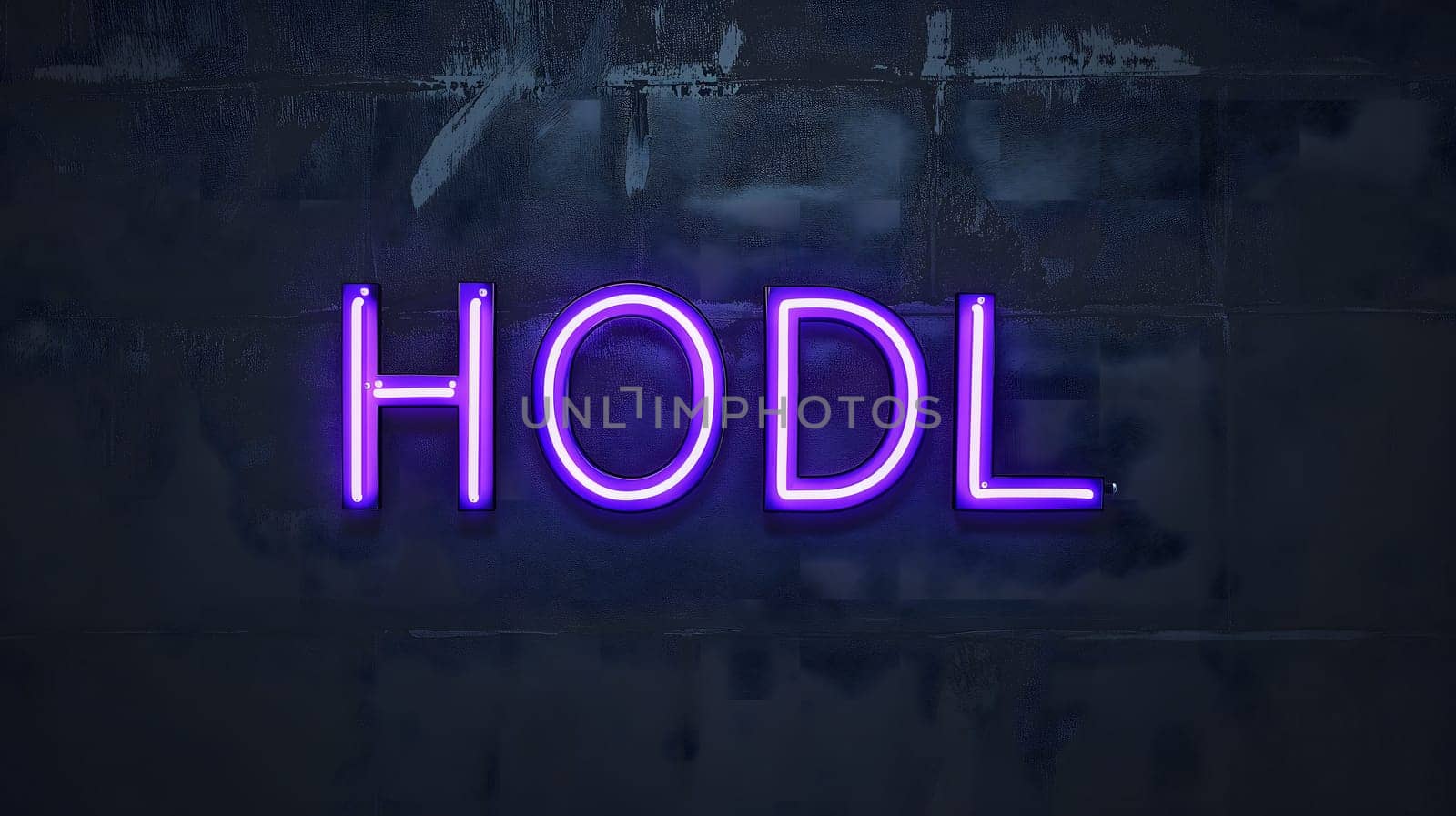 Neon inscription HODL on dark shabby wall. Neural network generated image. Not based on any actual scene or pattern.